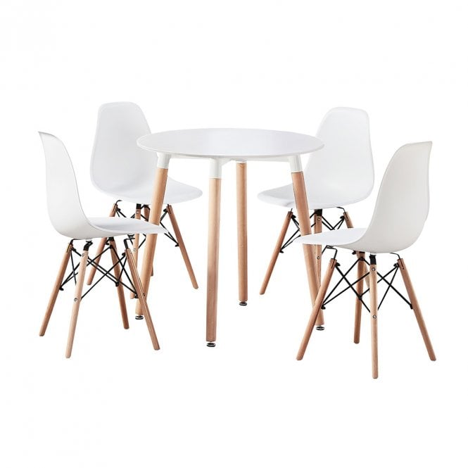 Eiffel Halo Round Dining Table Set with 4 Chairs - MDF Top, Plastic Chairs with Wooden Legs
