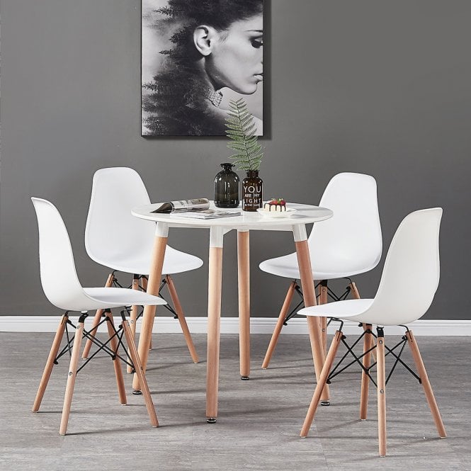 Eiffel Halo Round Dining Table Set with 4 Chairs - MDF Top, Plastic Chairs with Wooden Legs
