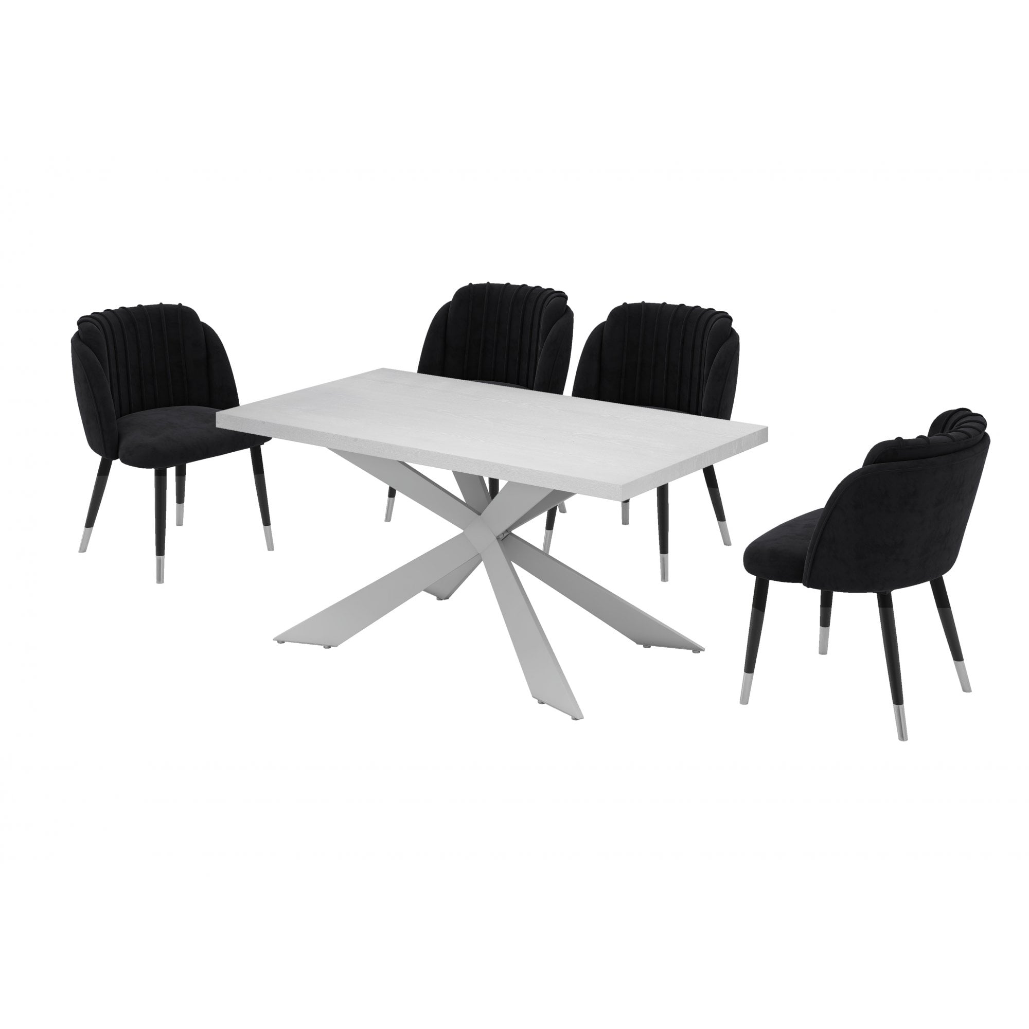 Milano Duke LUX Dining Set | a White Dining Table & 4 Velvet Dining Chairs with Silver End Caps