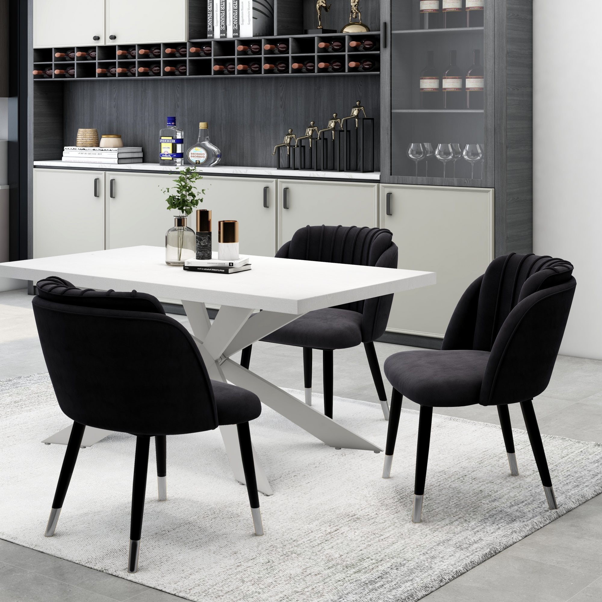 Milano Duke LUX Dining Set | a White Dining Table & 4 Velvet Dining Chairs with Silver End Caps