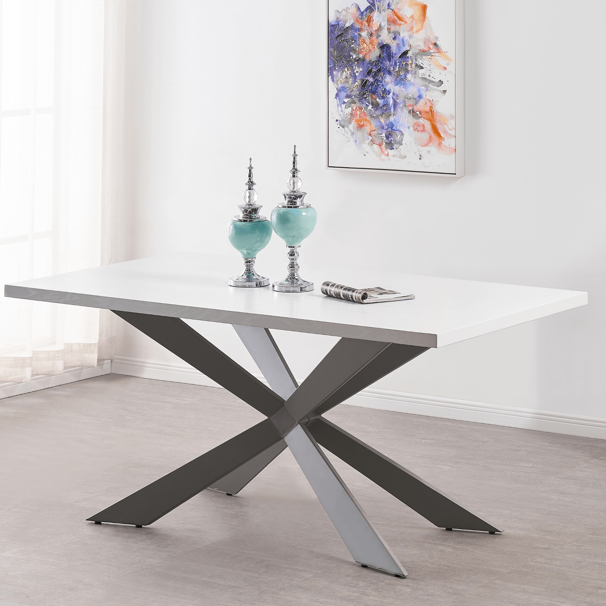 Milano Duke LUX Dining Set | a White Dining Table & 4 Velvet Dining Chairs with Silver End Caps