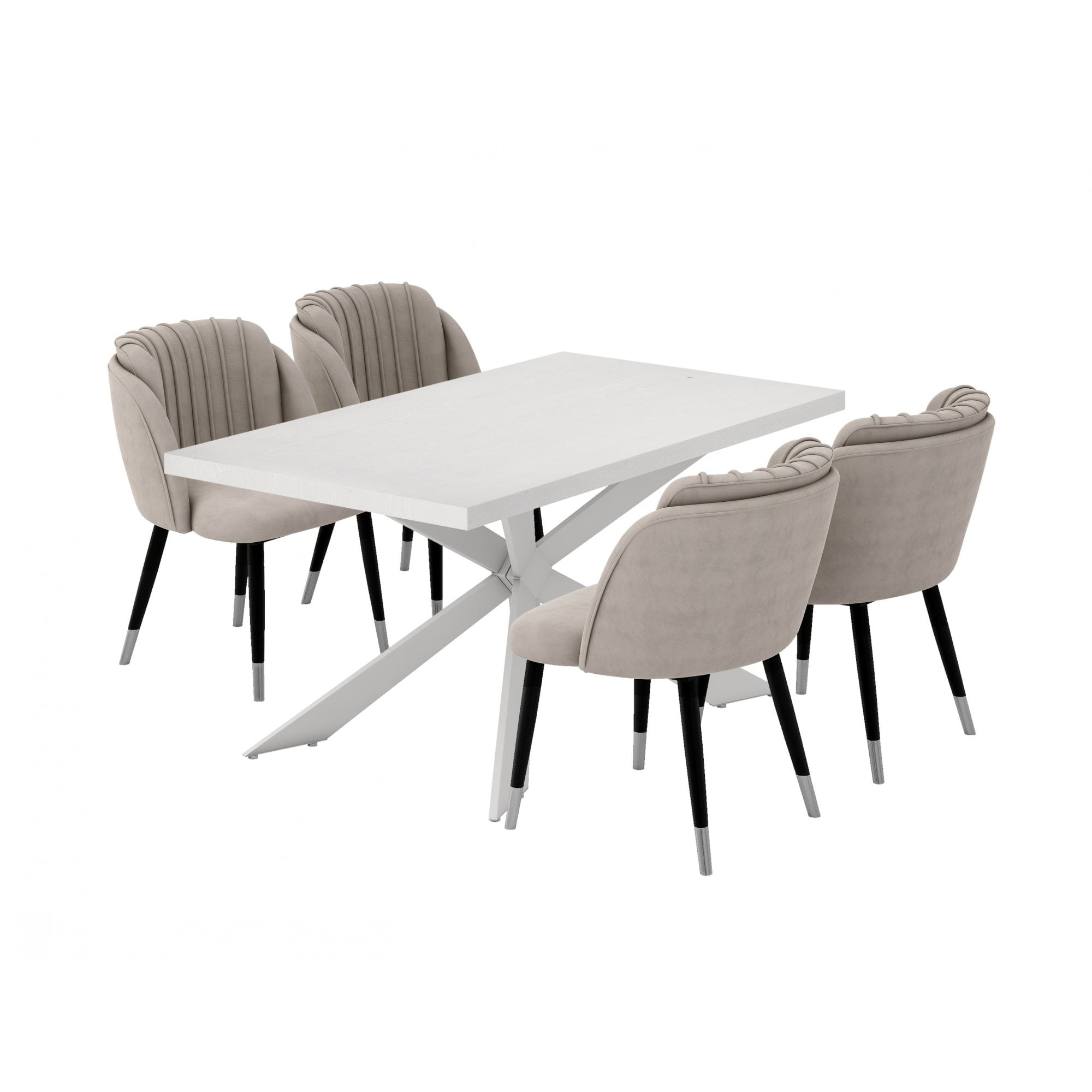 Milano Duke LUX Dining Set | a White Dining Table & 4 Velvet Dining Chairs with Silver End Caps