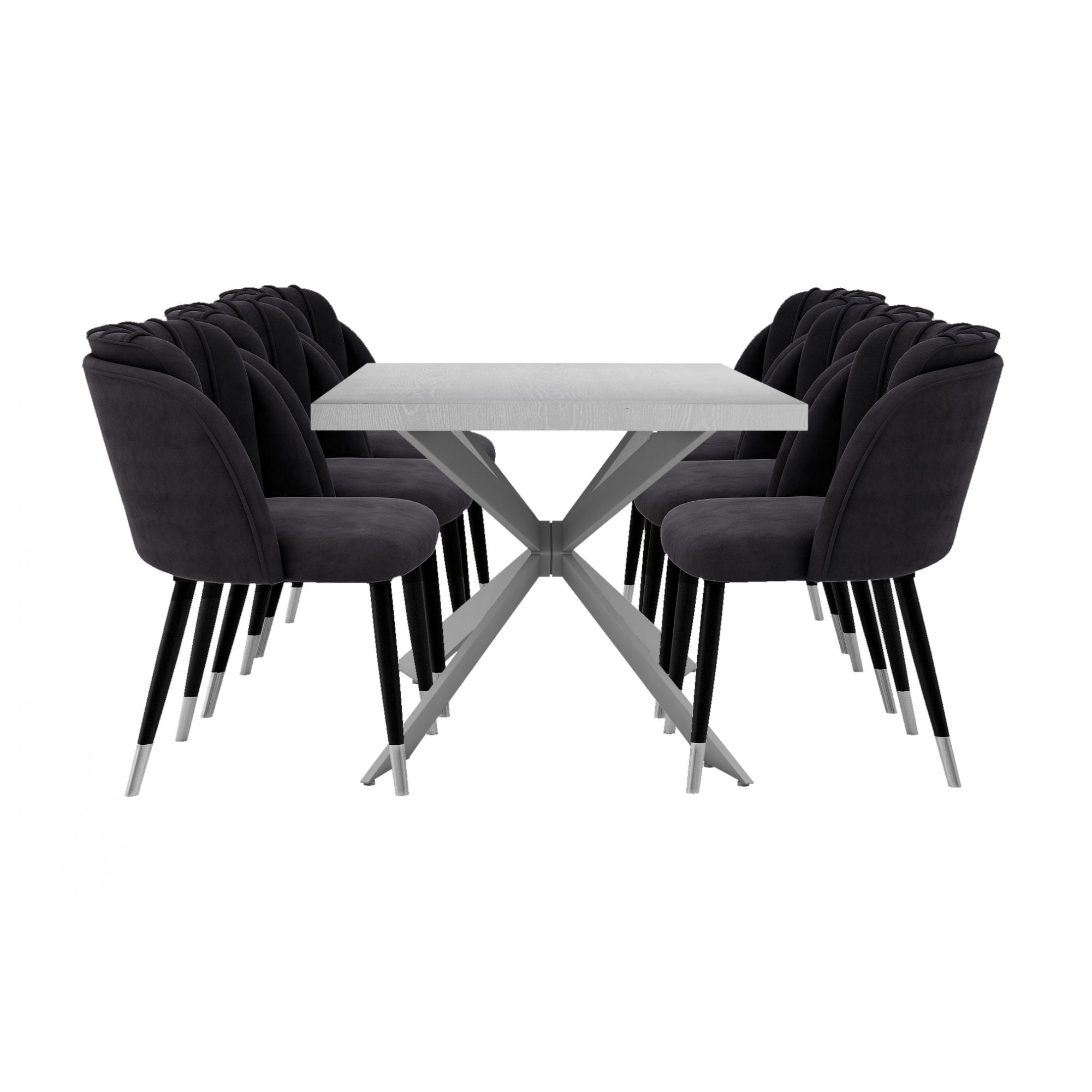 Milano Duke LUX Dining Set | a White Dining Table & 6 Velvet Dining Chairs with Silver End Caps