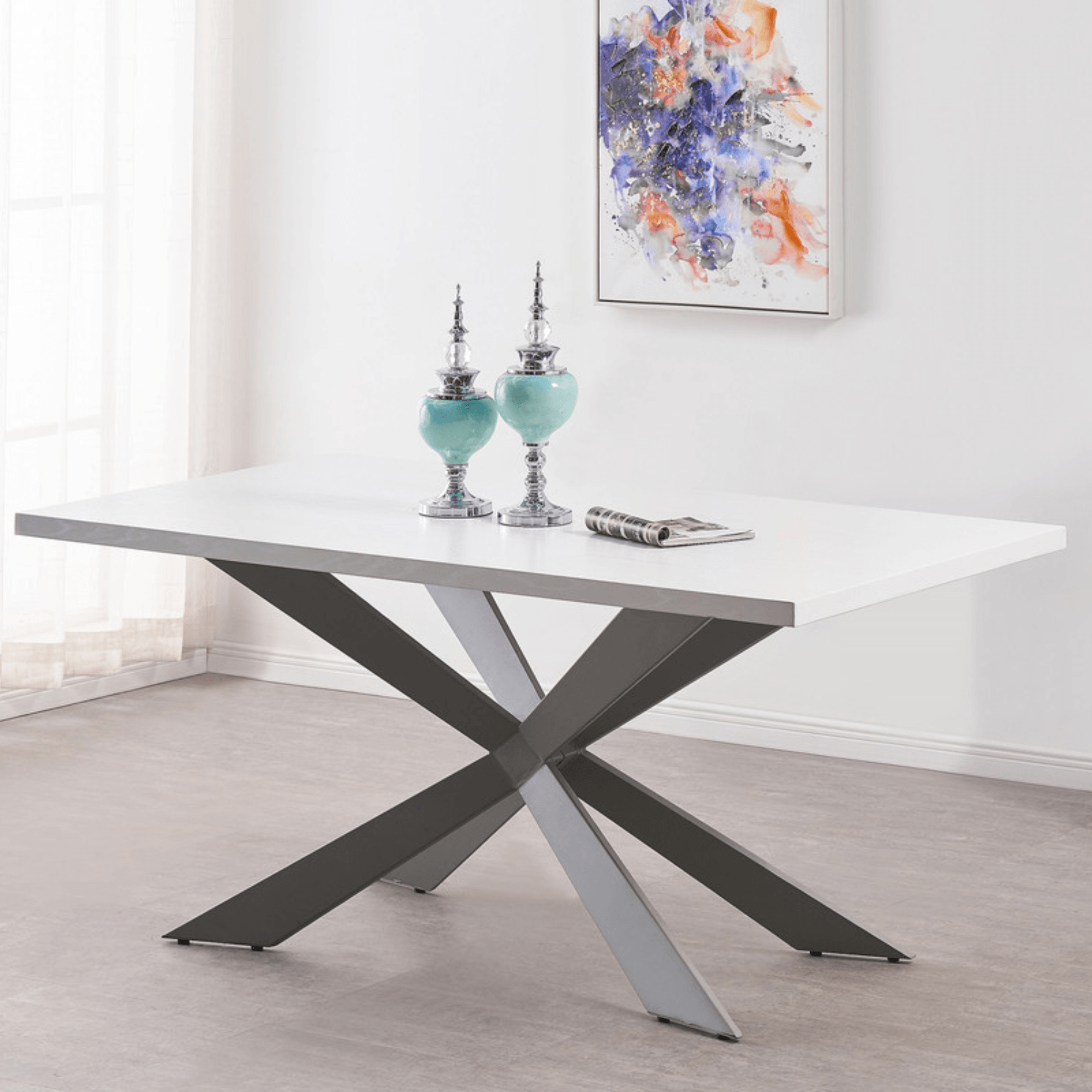 Milano Duke LUX Dining Set | a White Dining Table & 6 Velvet Dining Chairs with Silver End Caps