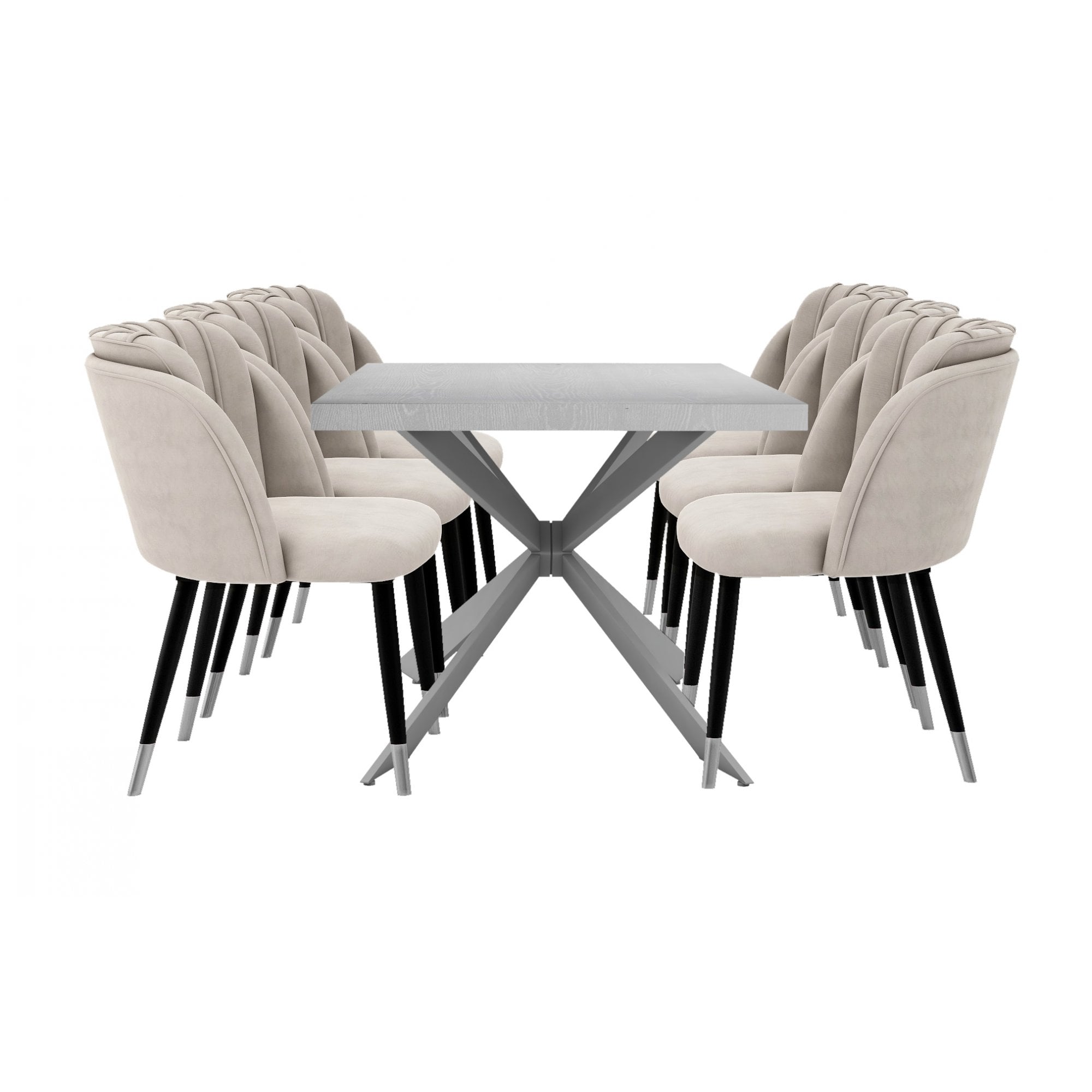 Milano Duke LUX Dining Set | a White Dining Table & 6 Velvet Dining Chairs with Silver End Caps