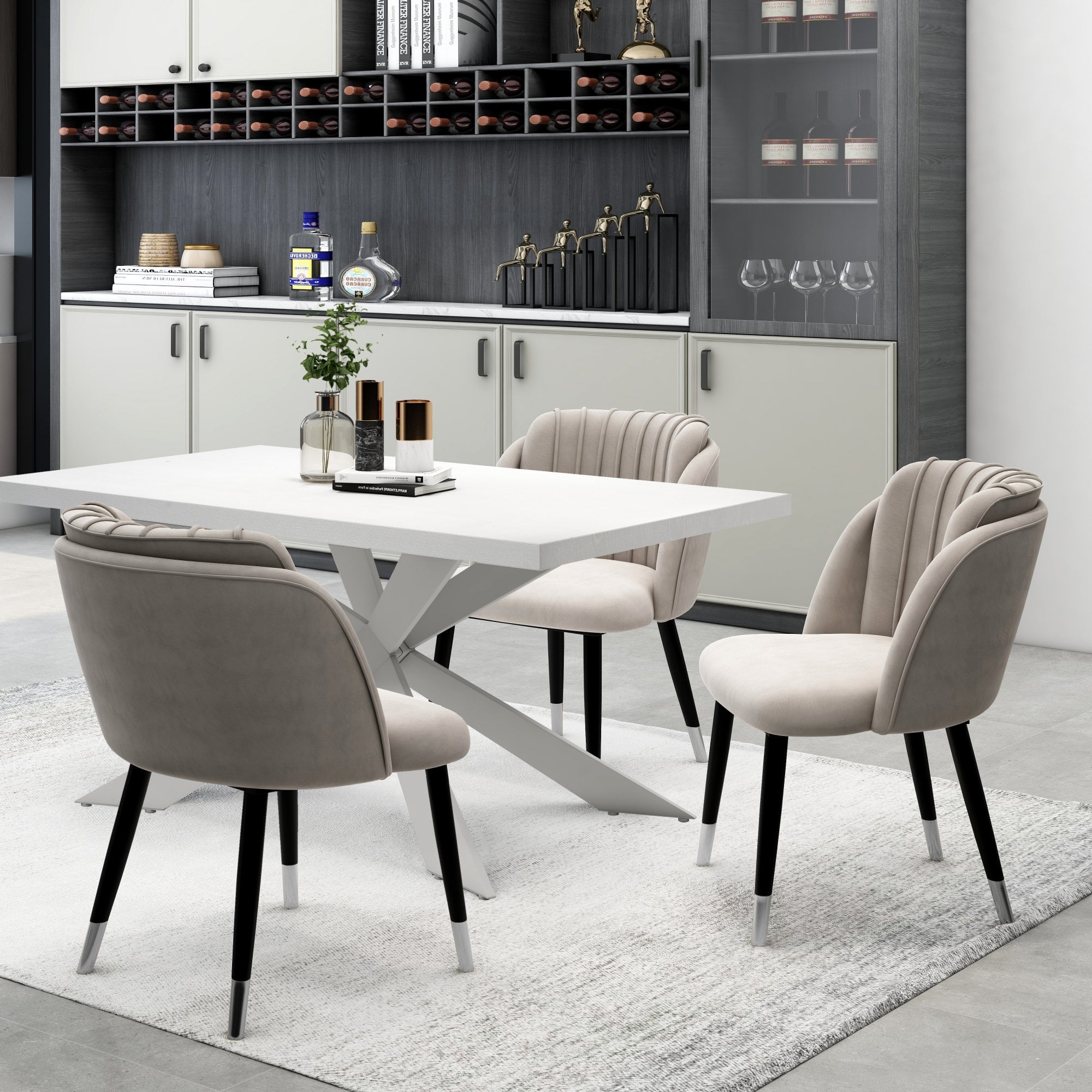 Milano Duke LUX Dining Set | a White Dining Table & 6 Velvet Dining Chairs with Silver End Caps