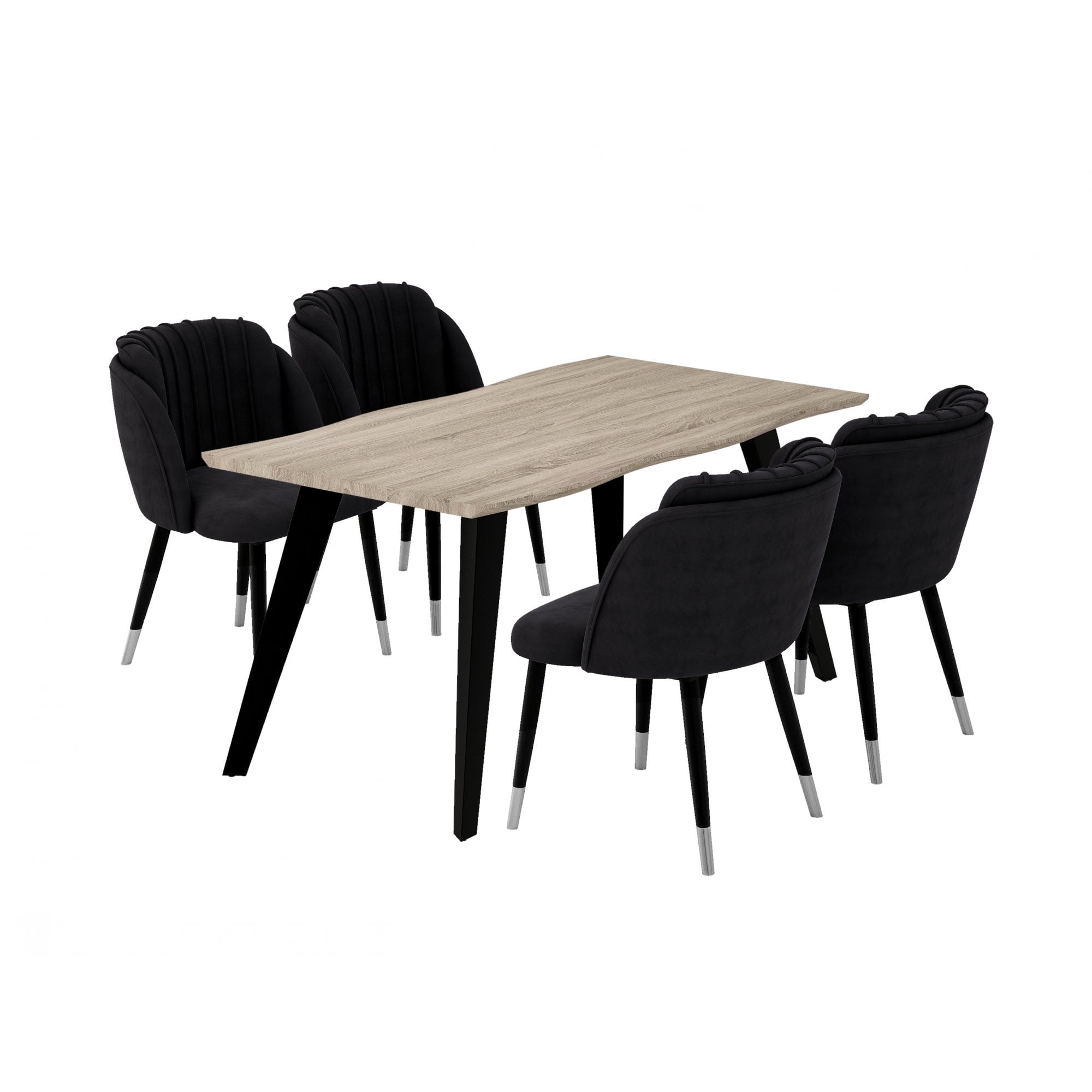 Milano Duke LUX Dining Set | a Light Walunt Dining Table & 4 Velvet Dining Chairs with Silver End Caps
