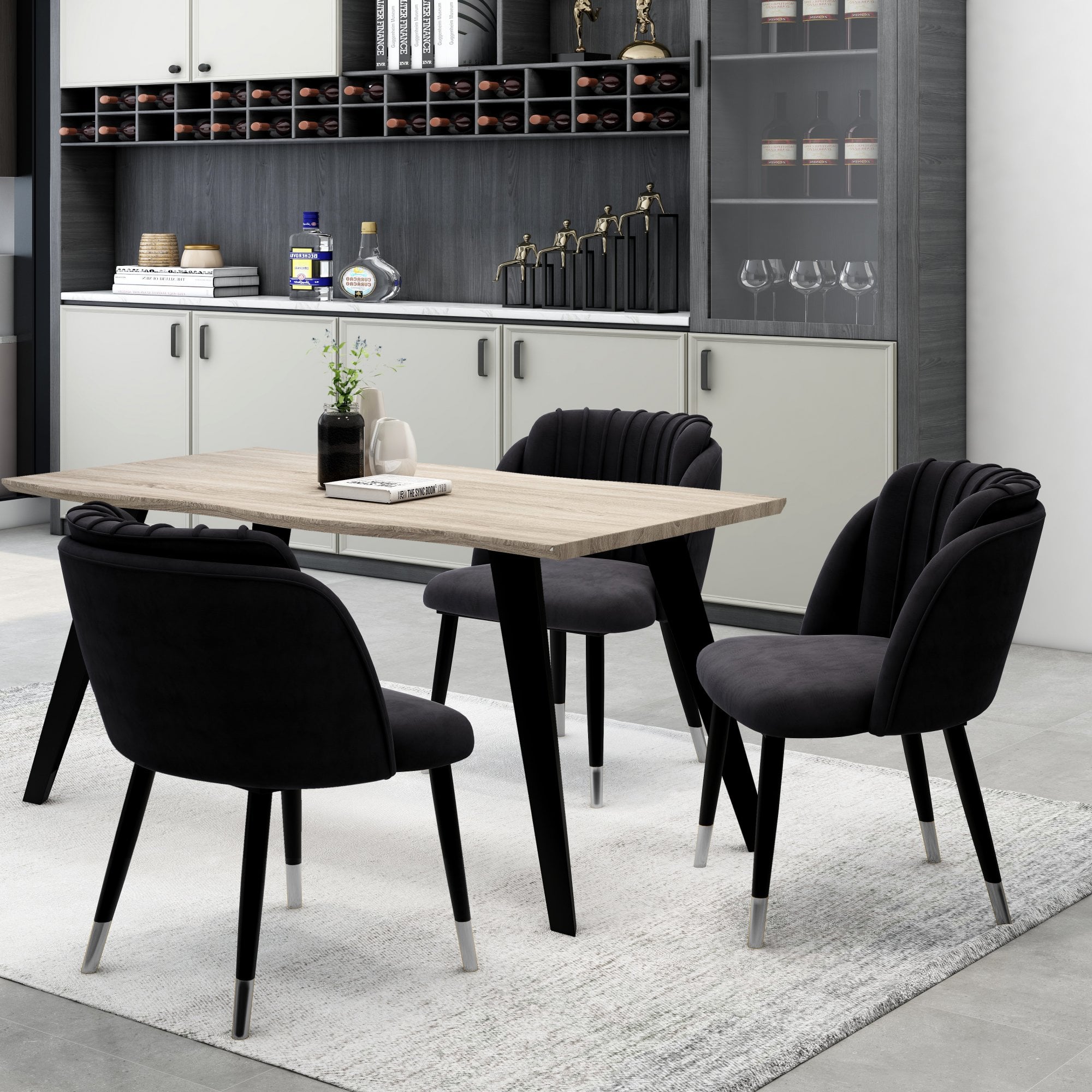 Milano Duke LUX Dining Set | a Light Walunt Dining Table & 4 Velvet Dining Chairs with Silver End Caps