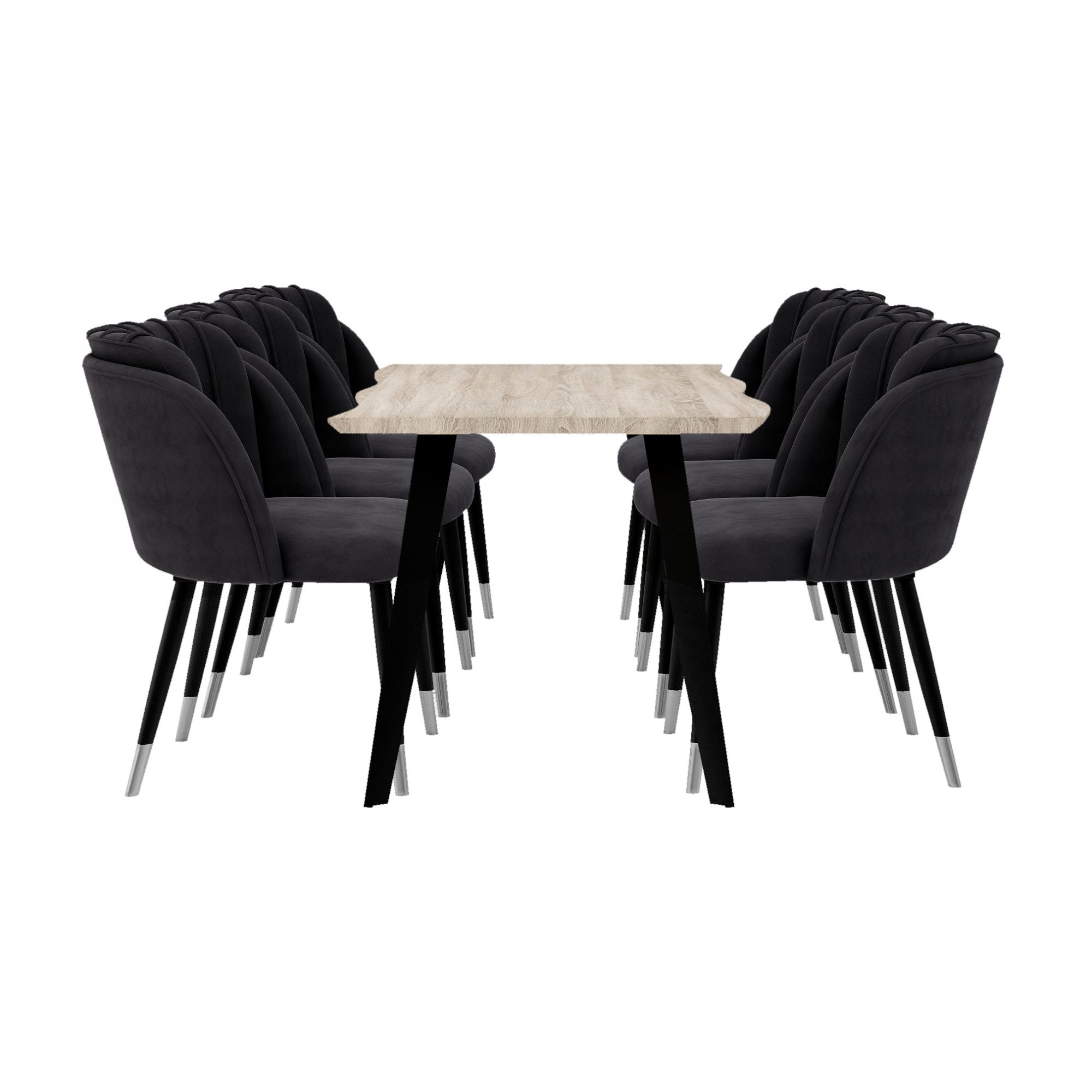 Milano Duke LUX Dining Set | a Light Walunt Dining Table & 6 Velvet Dining Chairs with Silver End Caps