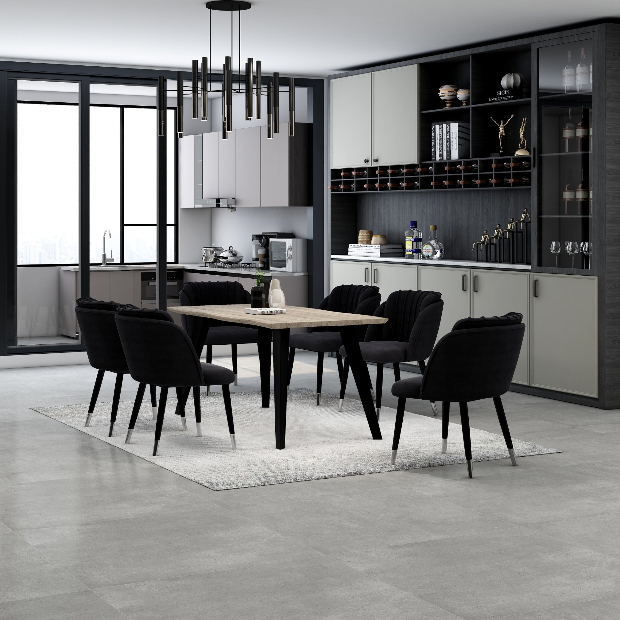 Milano Duke LUX Dining Set | a Light Walunt Dining Table & 6 Velvet Dining Chairs with Silver End Caps