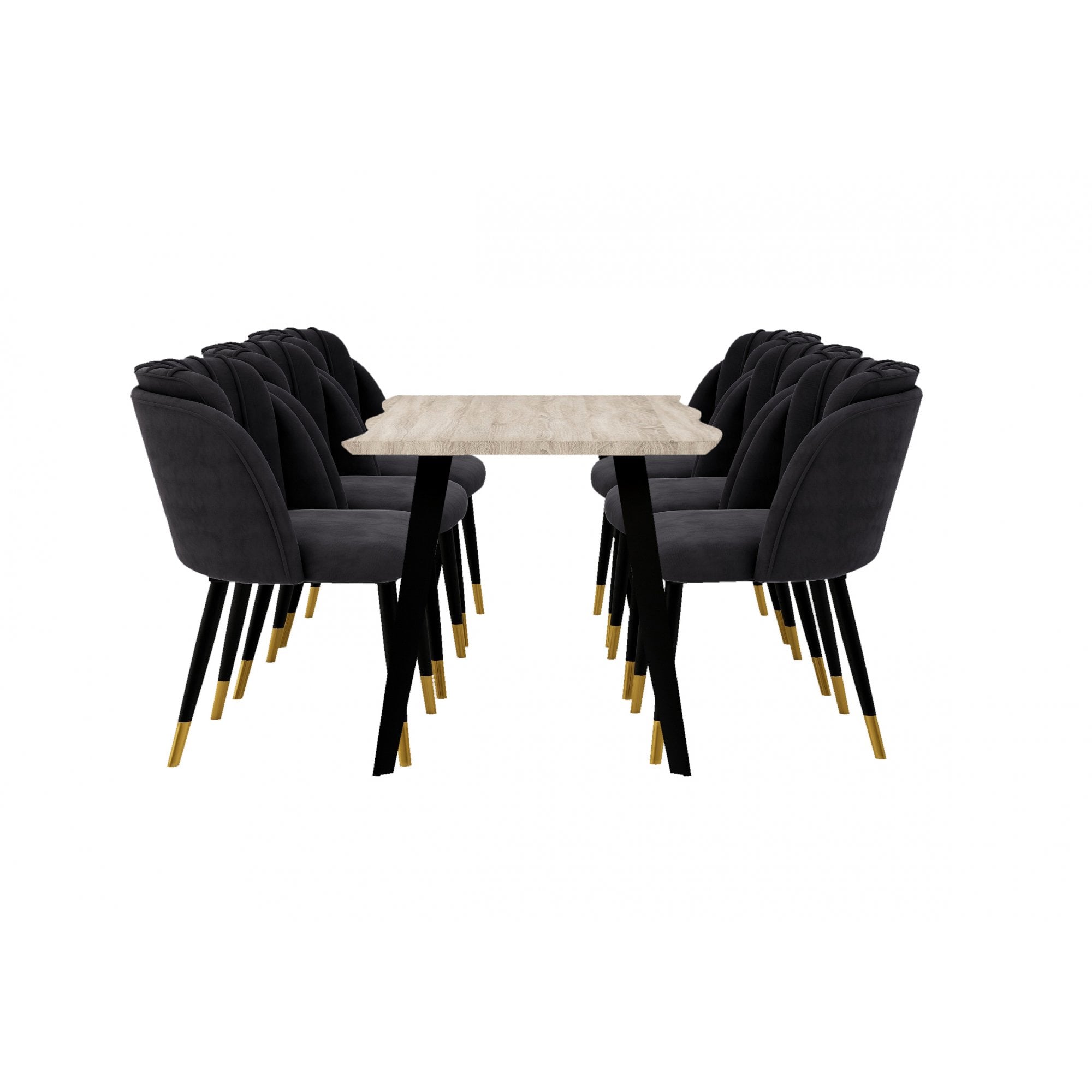 Milano Duke LUX Dining Set | a Light Walunt Dining Table & 6 Velvet Dining Chairs with Gold End Caps