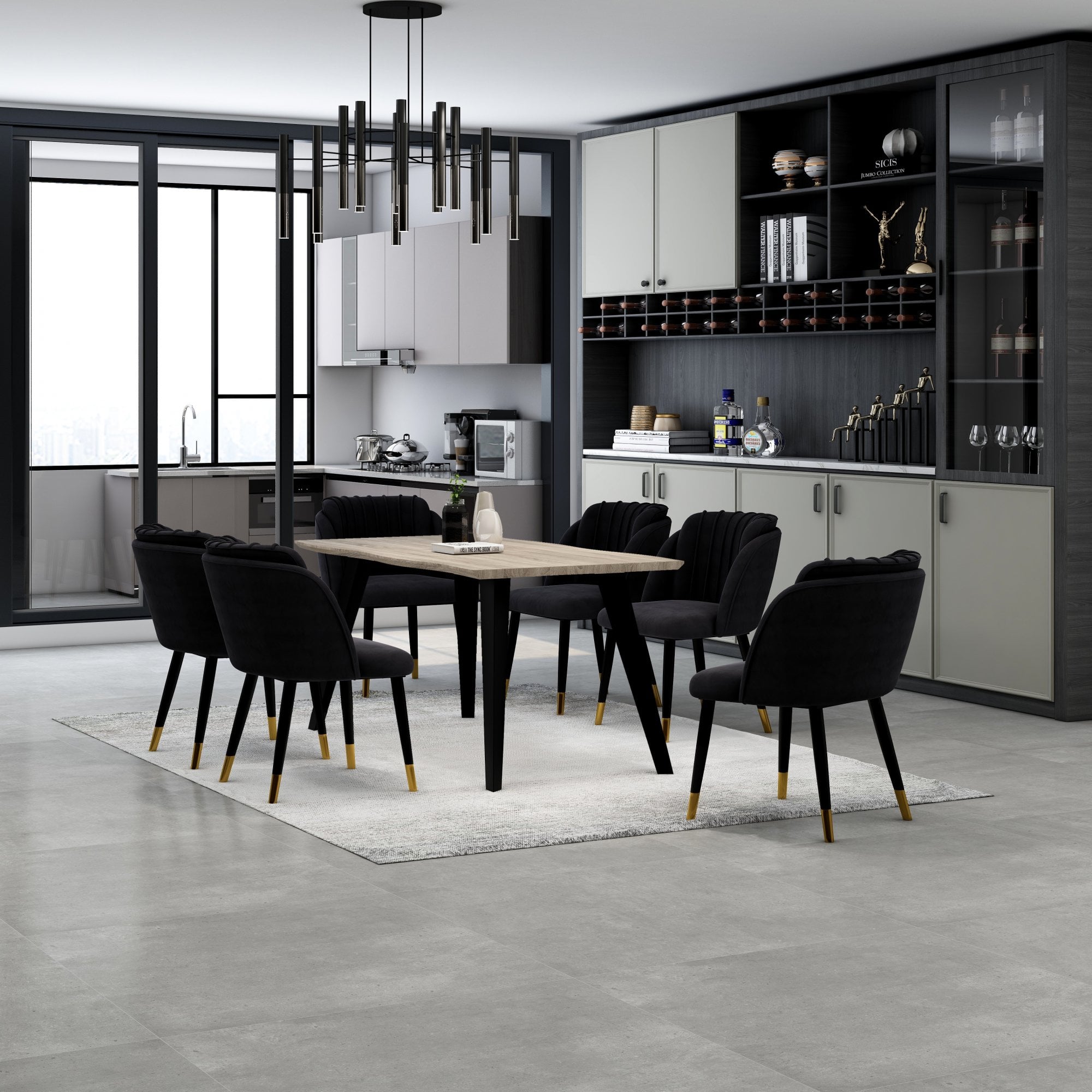 Milano Duke LUX Dining Set | a Light Walunt Dining Table & 6 Velvet Dining Chairs with Gold End Caps