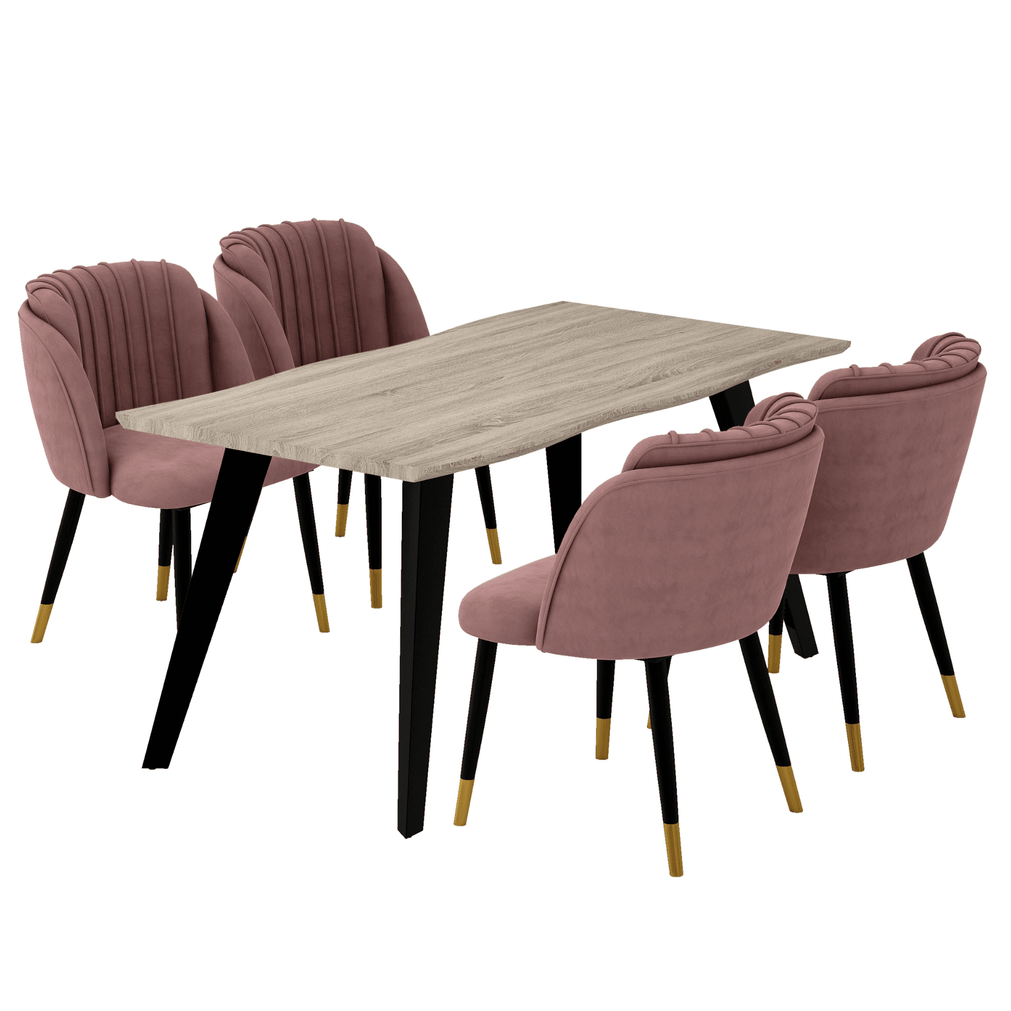 Milano Duke LUX Dining Set | a Light Walunt Dining Table & 6 Velvet Dining Chairs with Gold End Caps