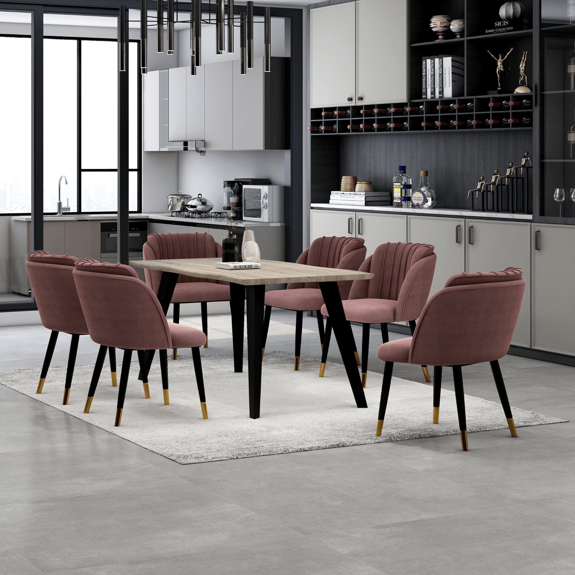 Milano Duke LUX Dining Set | a Light Walunt Dining Table & 6 Velvet Dining Chairs with Gold End Caps