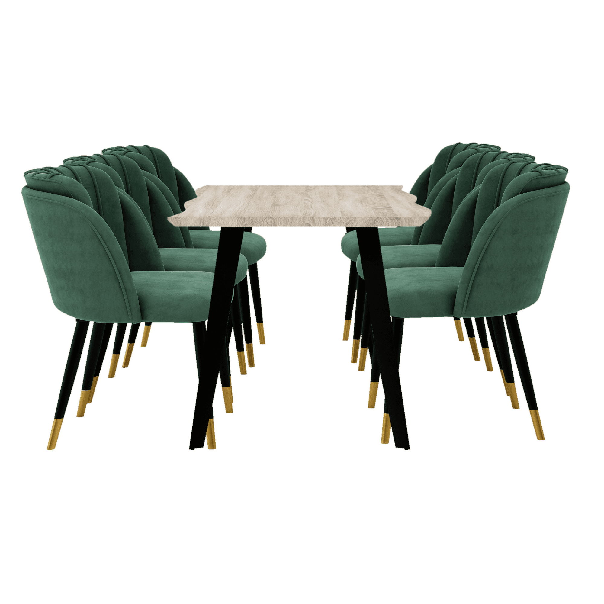 Milano Duke LUX Dining Set | a Light Walunt Dining Table & 6 Velvet Dining Chairs with Gold End Caps
