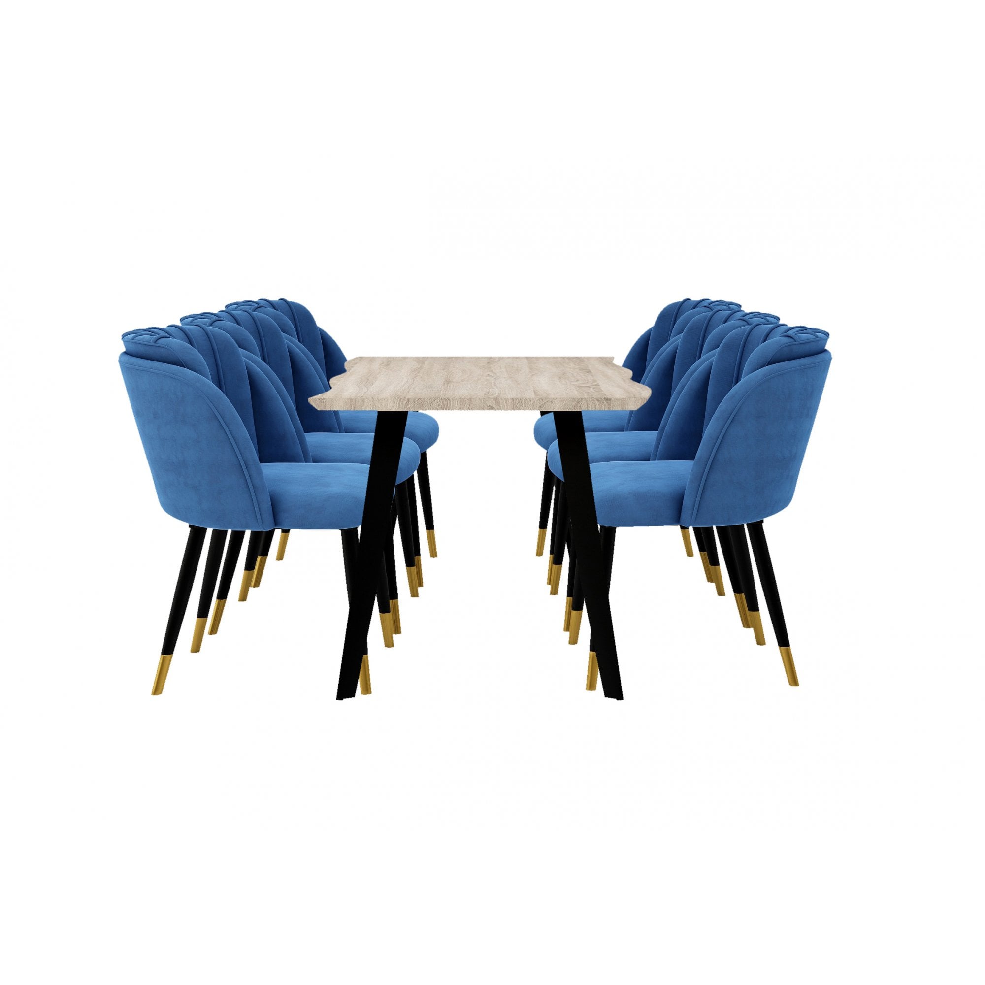 Milano Duke LUX Dining Set | a Light Walunt Dining Table & 6 Velvet Dining Chairs with Gold End Caps
