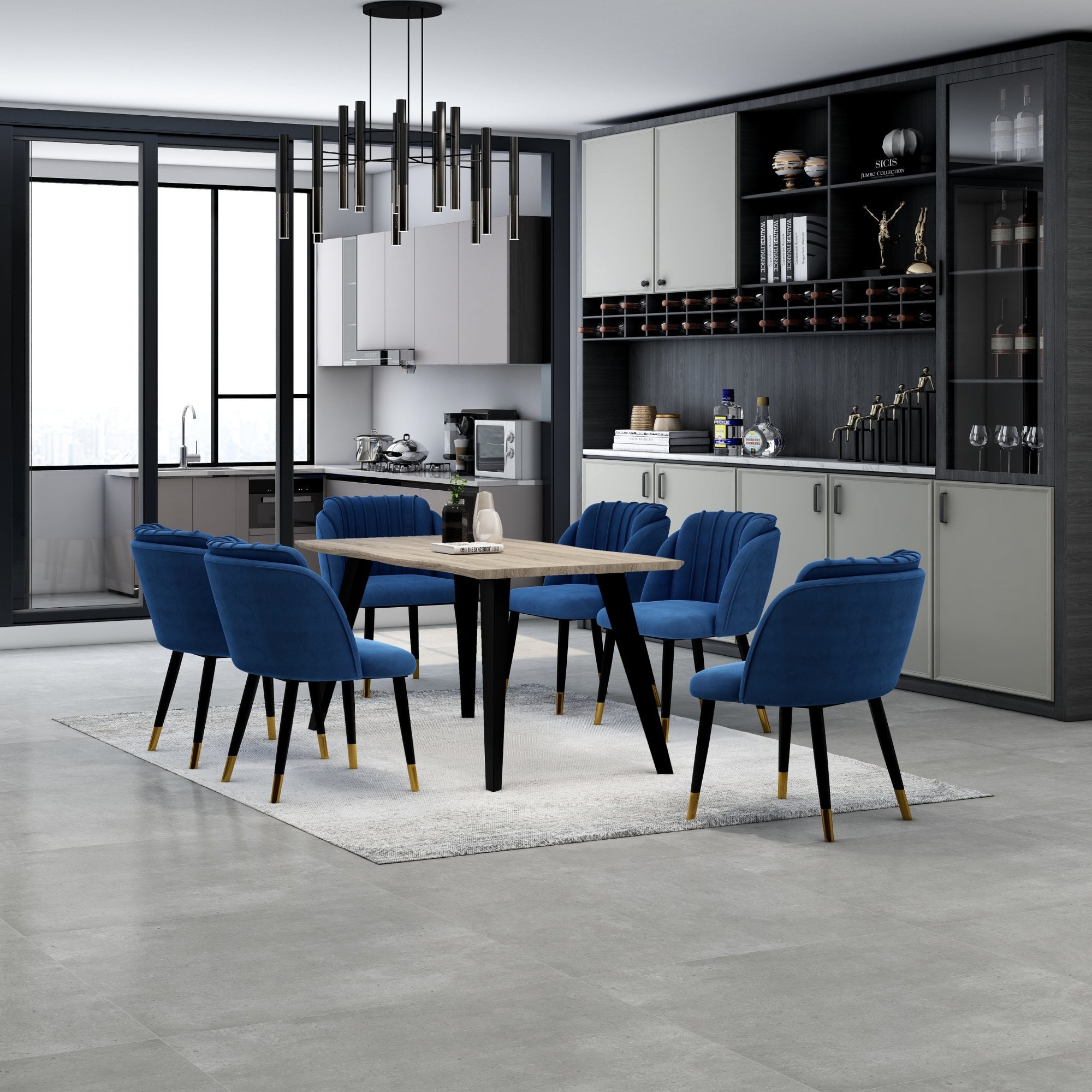 Milano Duke LUX Dining Set | a Light Walunt Dining Table & 6 Velvet Dining Chairs with Gold End Caps