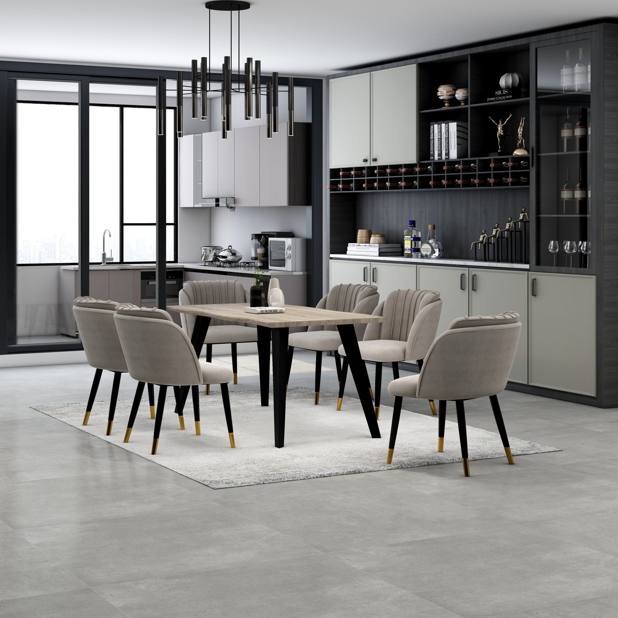 Milano Duke LUX Dining Set | a Light Walunt Dining Table & 6 Velvet Dining Chairs with Gold End Caps
