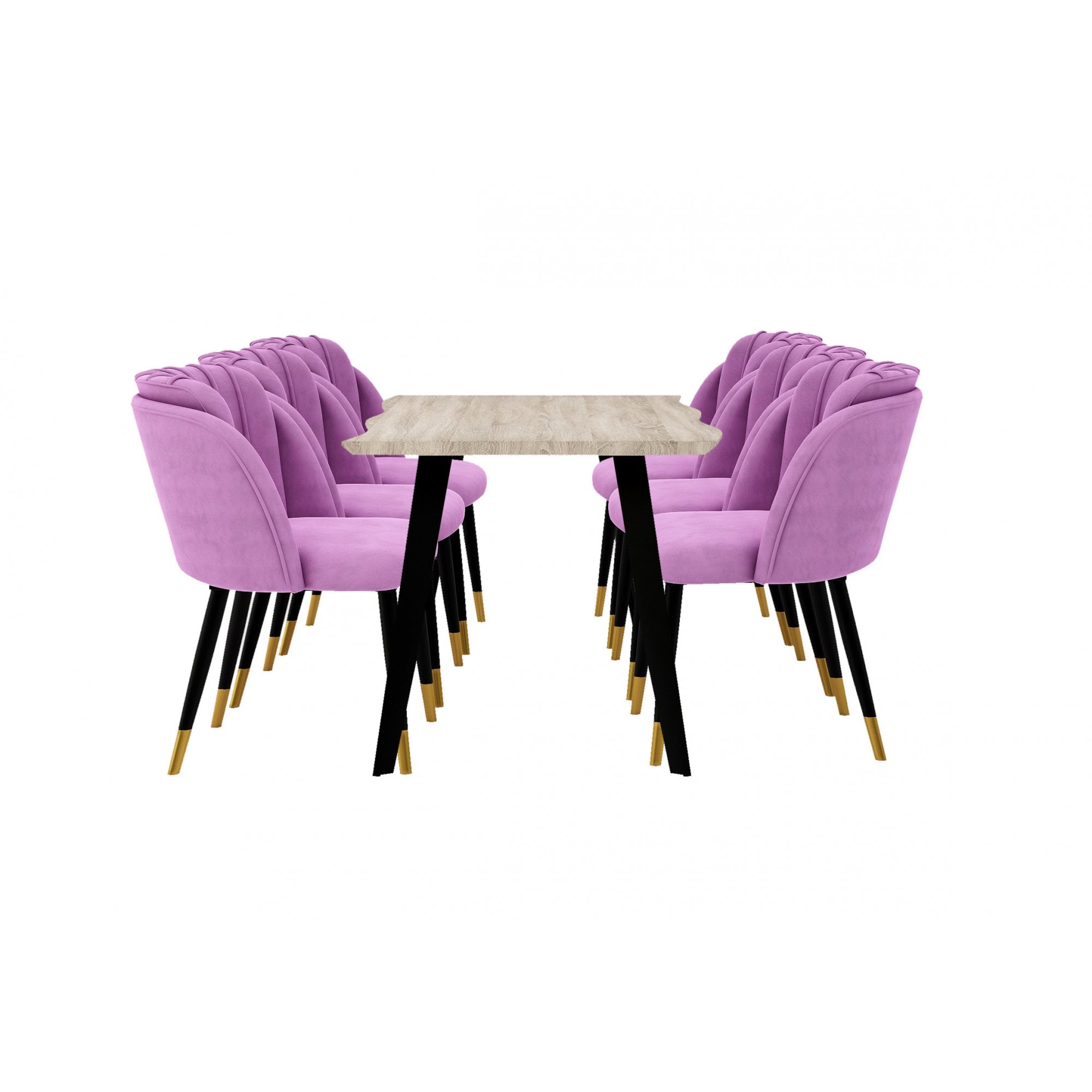Milano Duke LUX Dining Set | a Light Walunt Dining Table & 6 Velvet Dining Chairs with Gold End Caps
