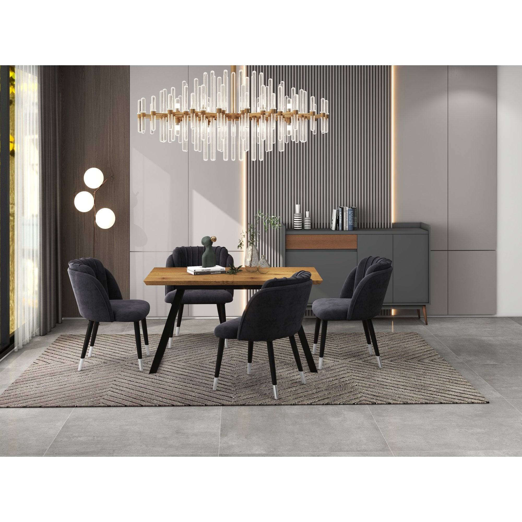 Milano Rocco Duke LUX Dining Set | a Oak Dining Table & 4 Velvet Dining Chairs with Silver End Caps