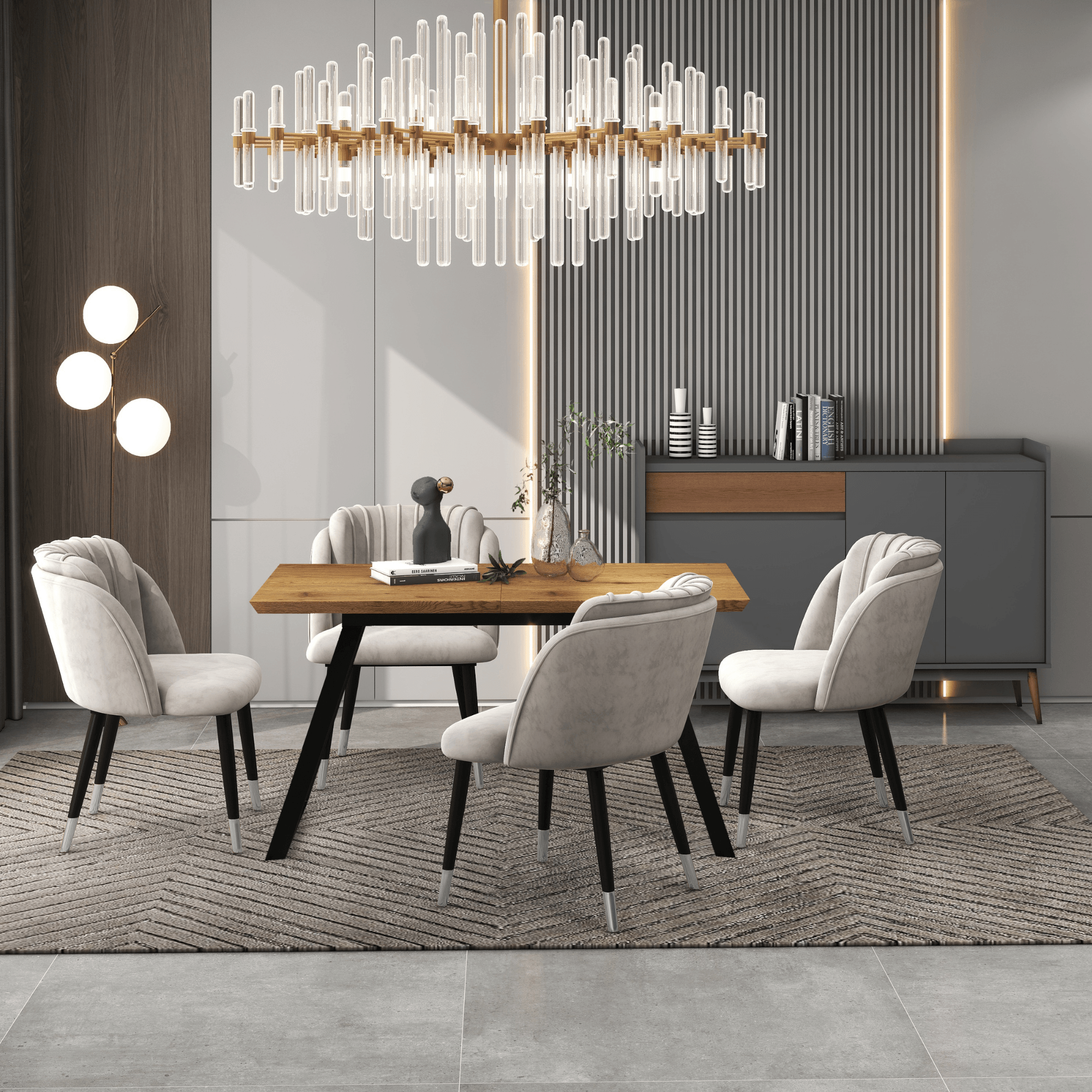 Milano Rocco Duke LUX Dining Set | a Oak Dining Table & 4 Velvet Dining Chairs with Silver End Caps