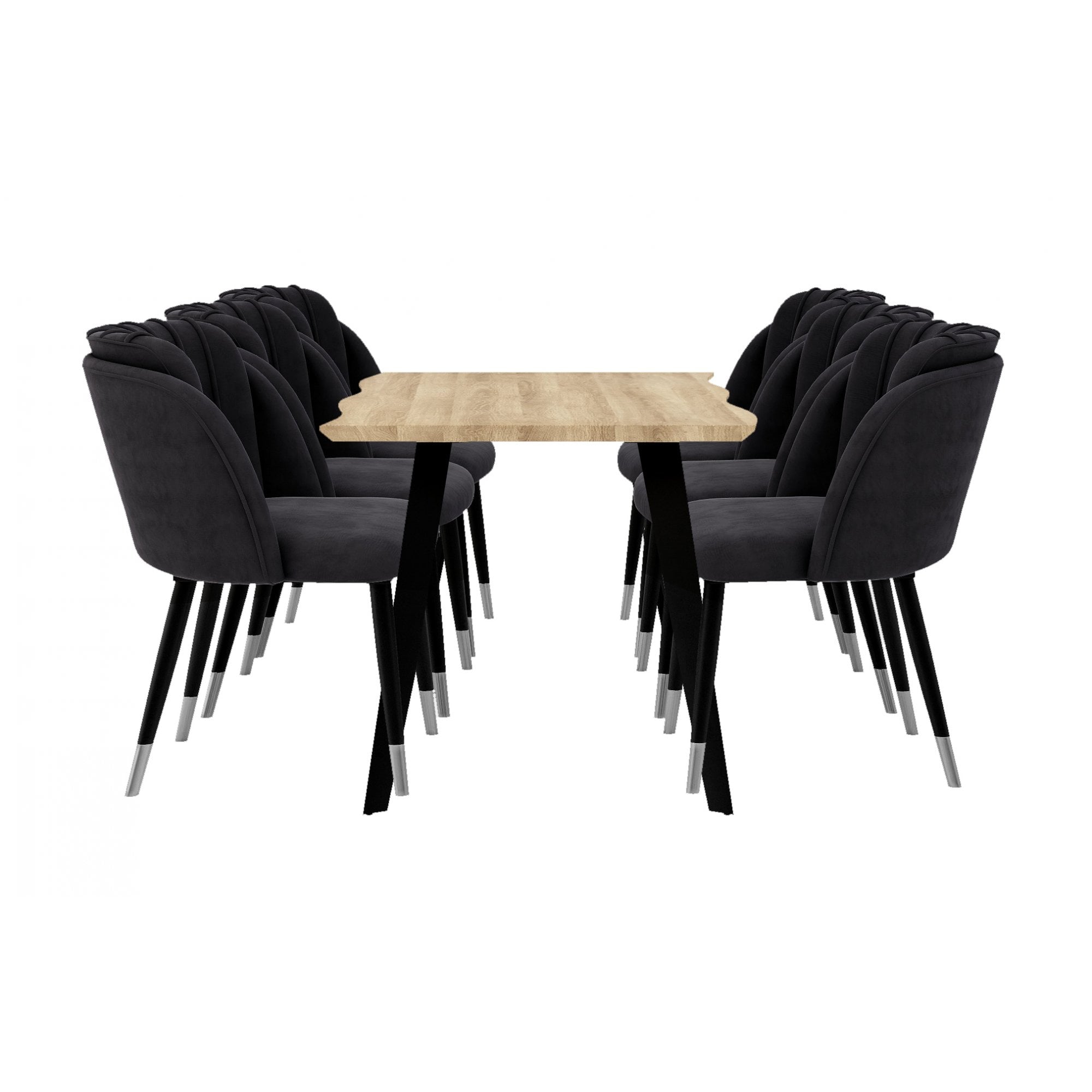 Milano Rocco Duke LUX Dining Set | a Oak Dining Table & 6 Velvet Dining Chairs with Silver End Caps