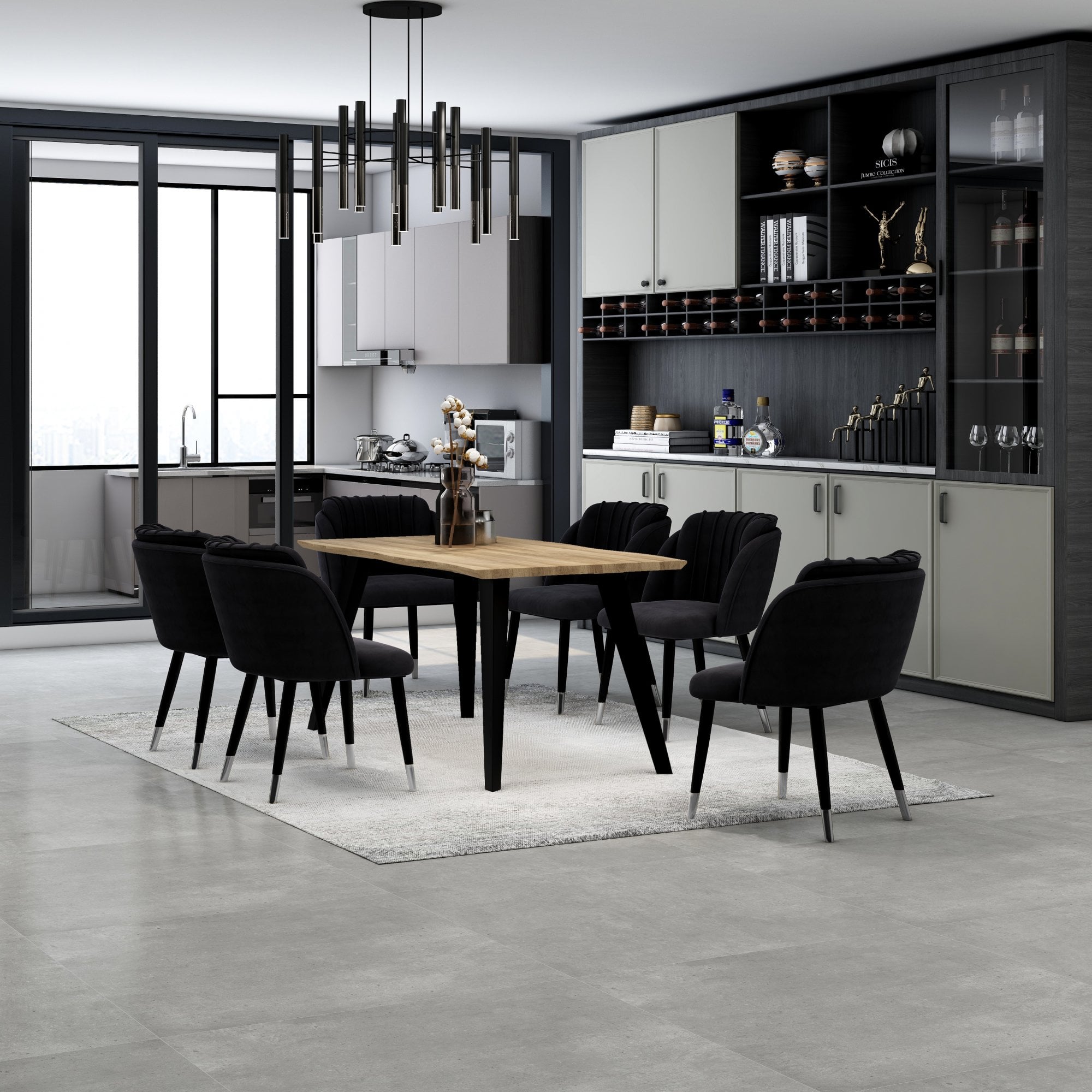 Milano Rocco Duke LUX Dining Set | a Oak Dining Table & 6 Velvet Dining Chairs with Silver End Caps