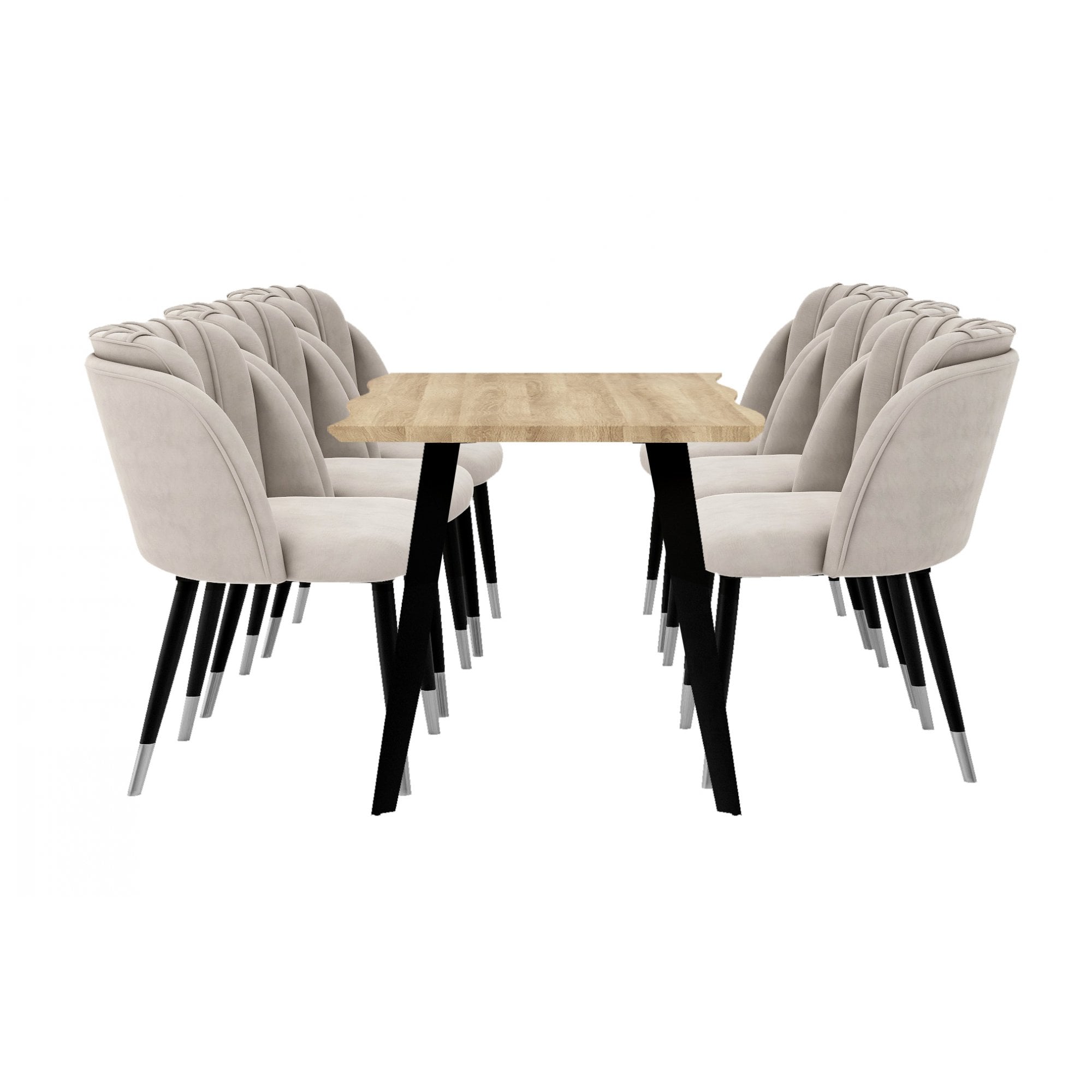 Milano Rocco Duke LUX Dining Set | a Oak Dining Table & 6 Velvet Dining Chairs with Silver End Caps