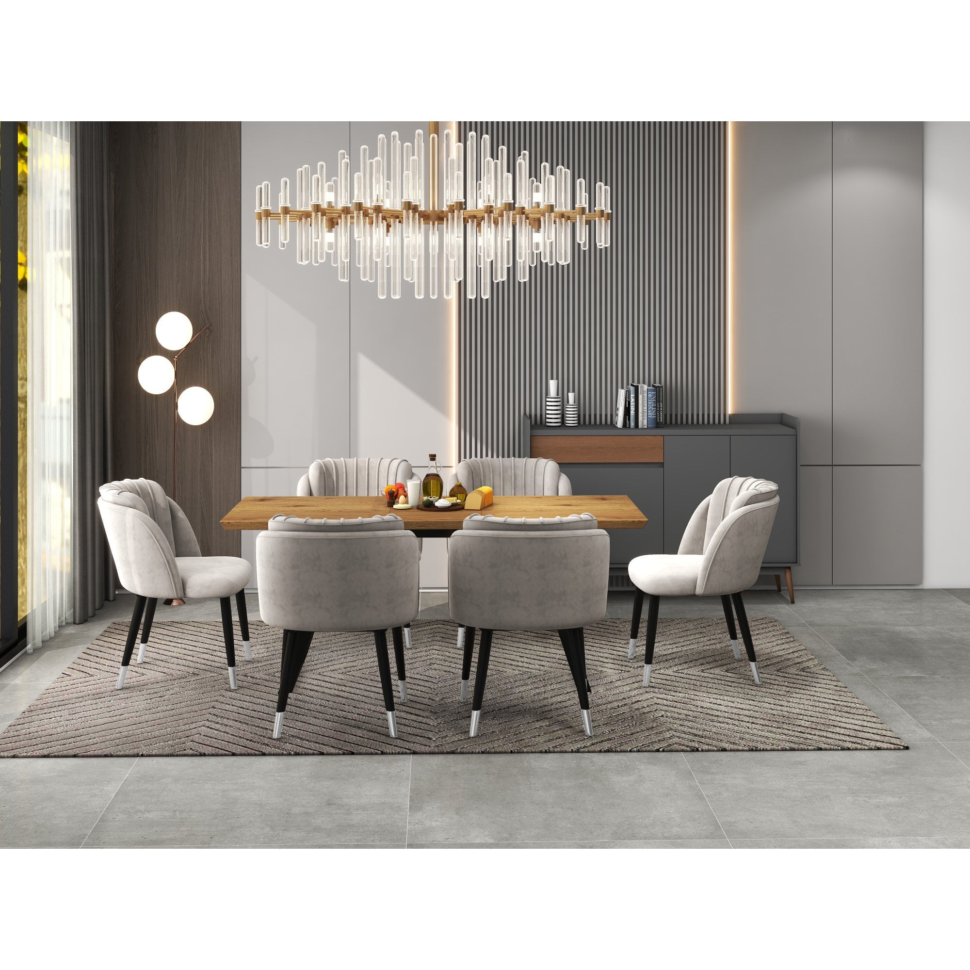 Milano Rocco Duke LUX Dining Set | a Oak Dining Table & 6 Velvet Dining Chairs with Silver End Caps