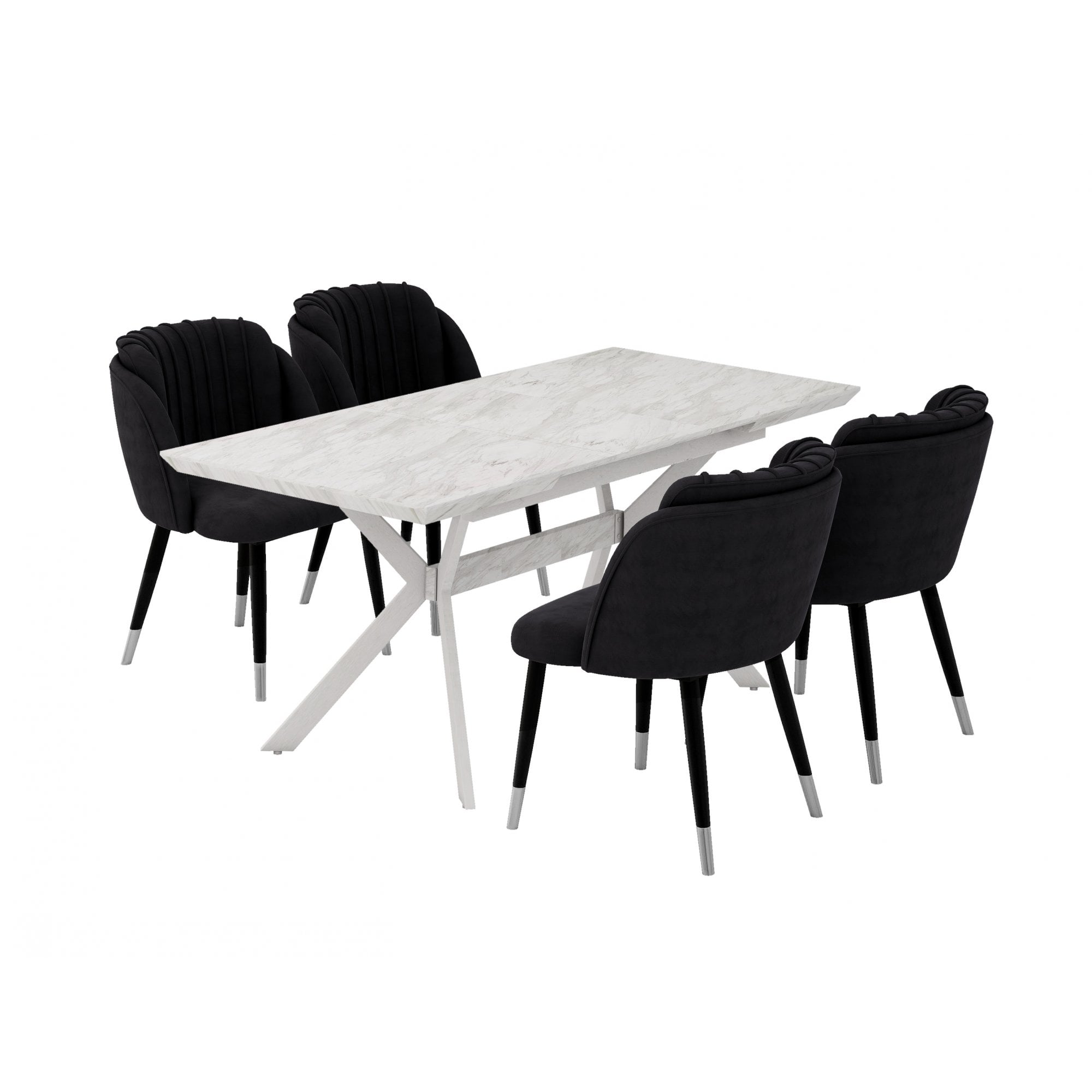 Milano Blaze LUX Dining Set | a White EXTENDABLE Dining Table & 4 Velvet Dining Chairs with Silver End Caps