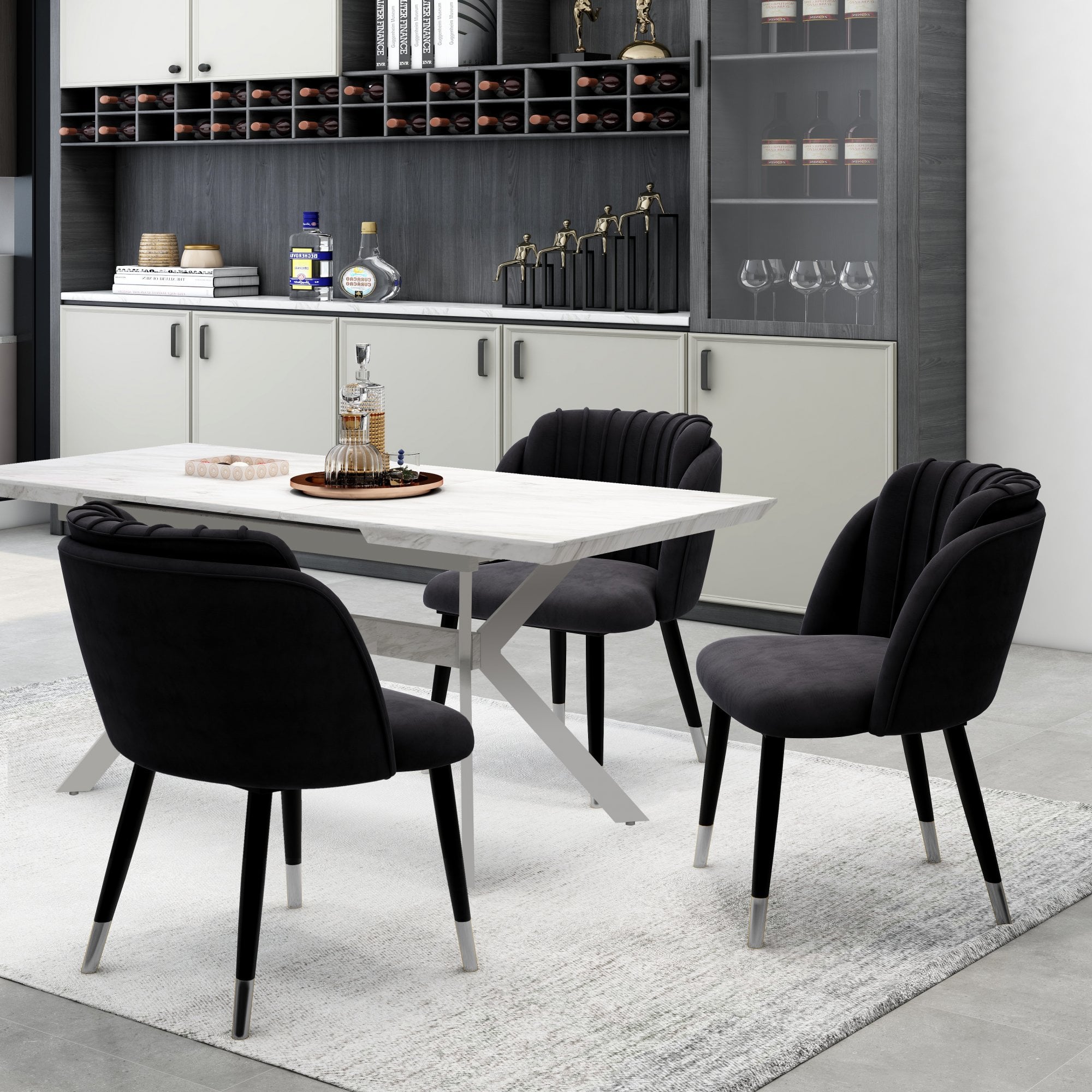 Milano Blaze LUX Dining Set | a White EXTENDABLE Dining Table & 4 Velvet Dining Chairs with Silver End Caps