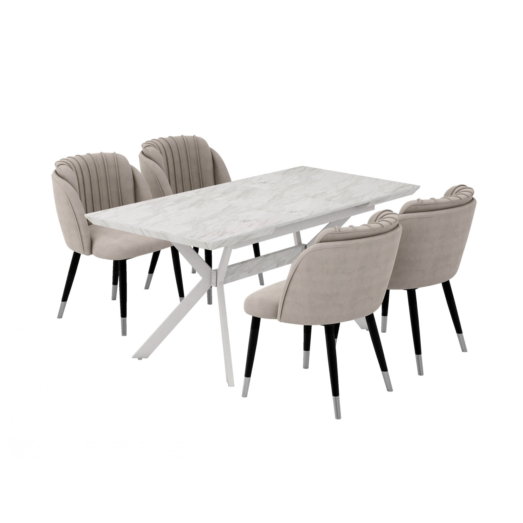 Milano Blaze LUX Dining Set | a White EXTENDABLE Dining Table & 4 Velvet Dining Chairs with Silver End Caps