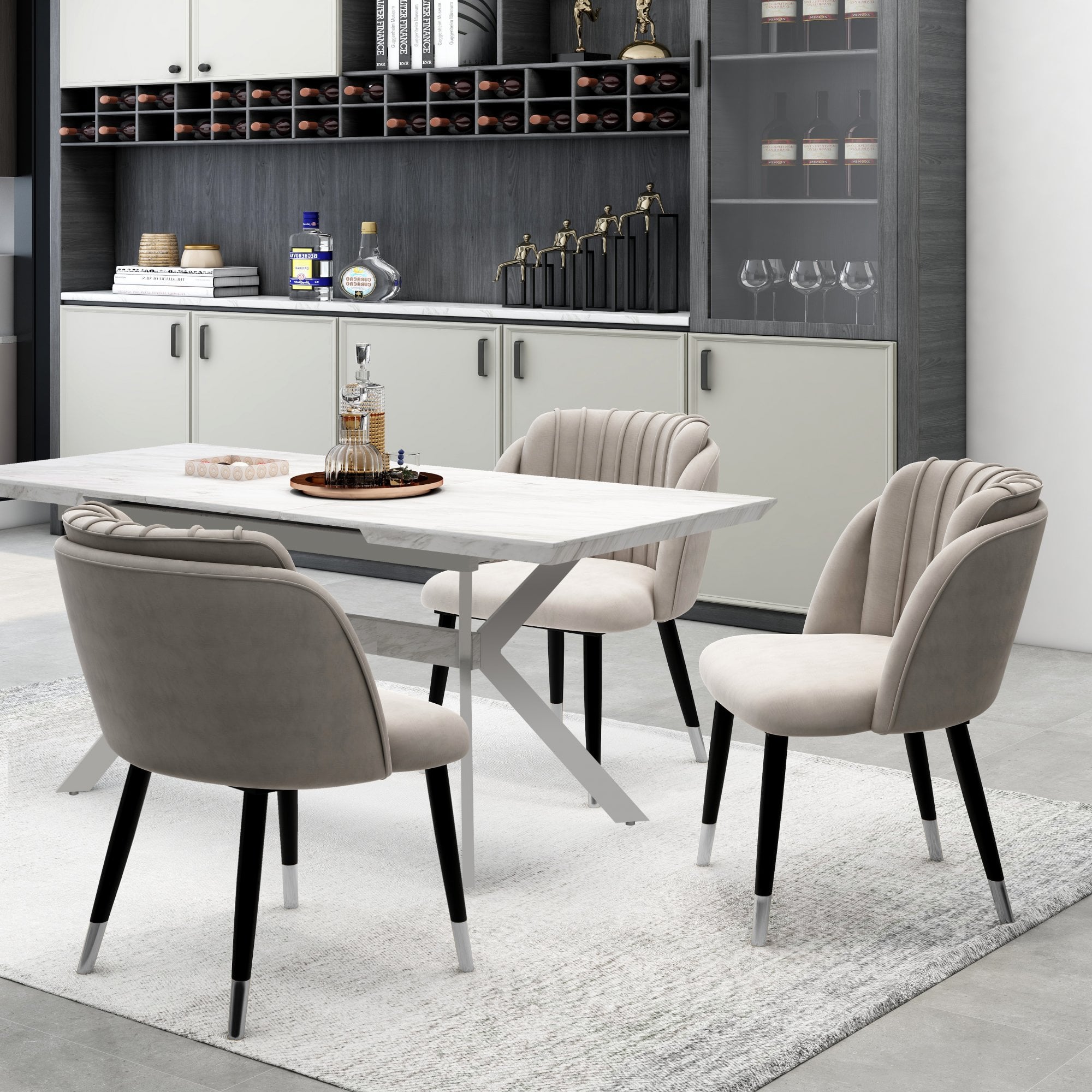 Milano Blaze LUX Dining Set | a White EXTENDABLE Dining Table & 4 Velvet Dining Chairs with Silver End Caps
