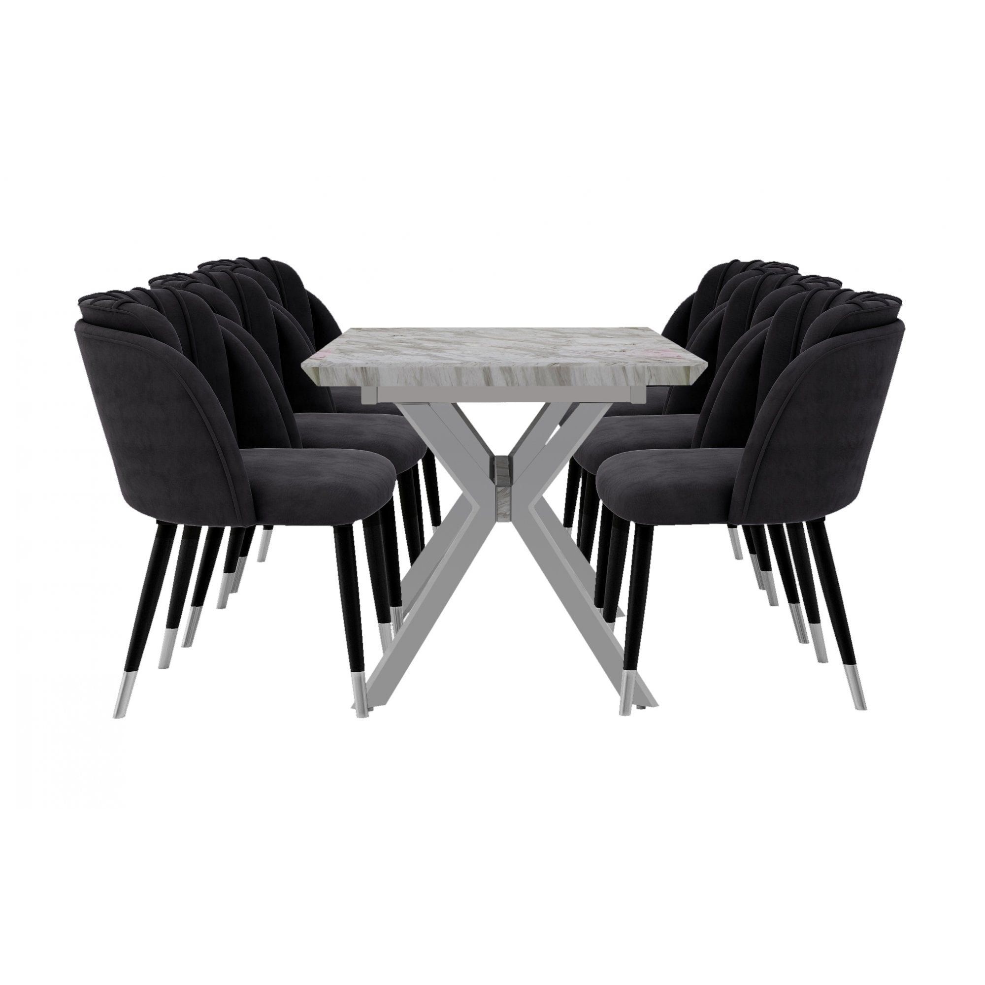 Milano Blaze LUX Dining Set | a White EXTENDABLE Dining Table & 6 Velvet Dining Chairs with Silver End Caps
