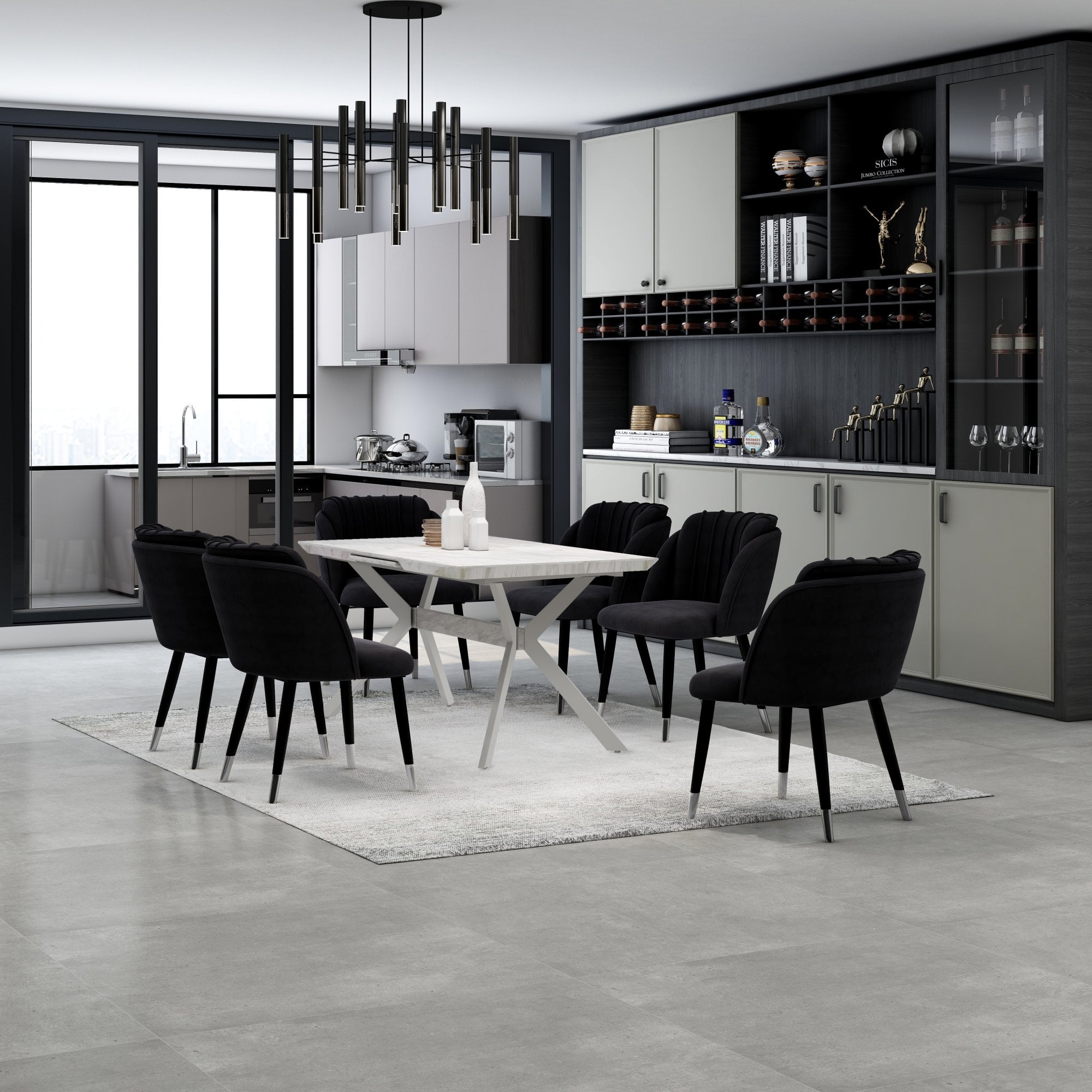 Milano Blaze LUX Dining Set | a White EXTENDABLE Dining Table & 6 Velvet Dining Chairs with Silver End Caps