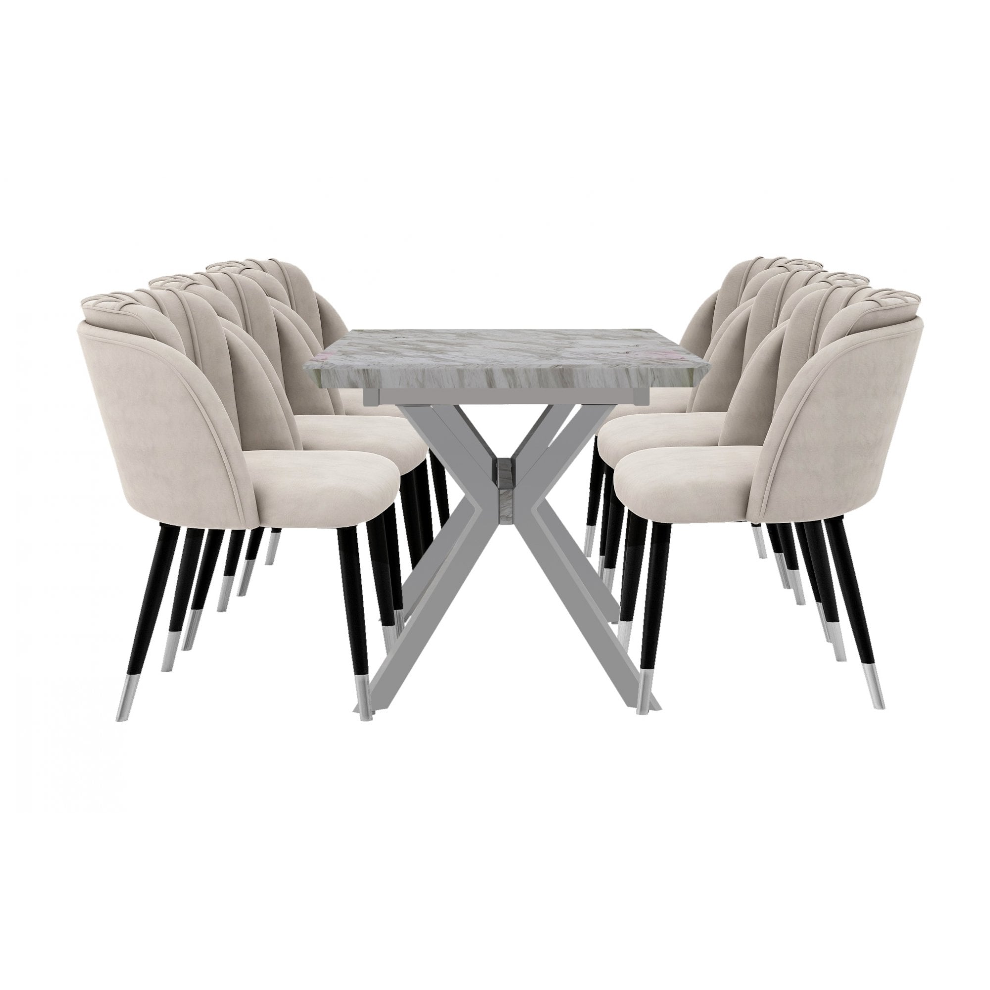 Milano Blaze LUX Dining Set | a White EXTENDABLE Dining Table & 6 Velvet Dining Chairs with Silver End Caps