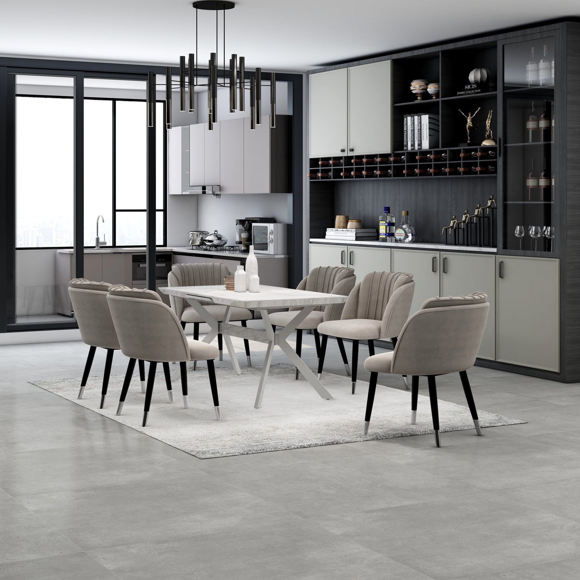 Milano Blaze LUX Dining Set | a White EXTENDABLE Dining Table & 6 Velvet Dining Chairs with Silver End Caps