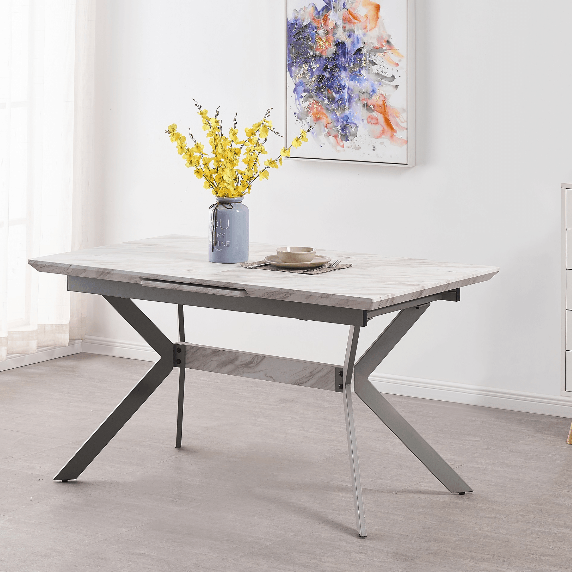 Milano Blaze LUX Dining Set | a White EXTENDABLE Dining Table & 6 Velvet Dining Chairs with Silver End Caps
