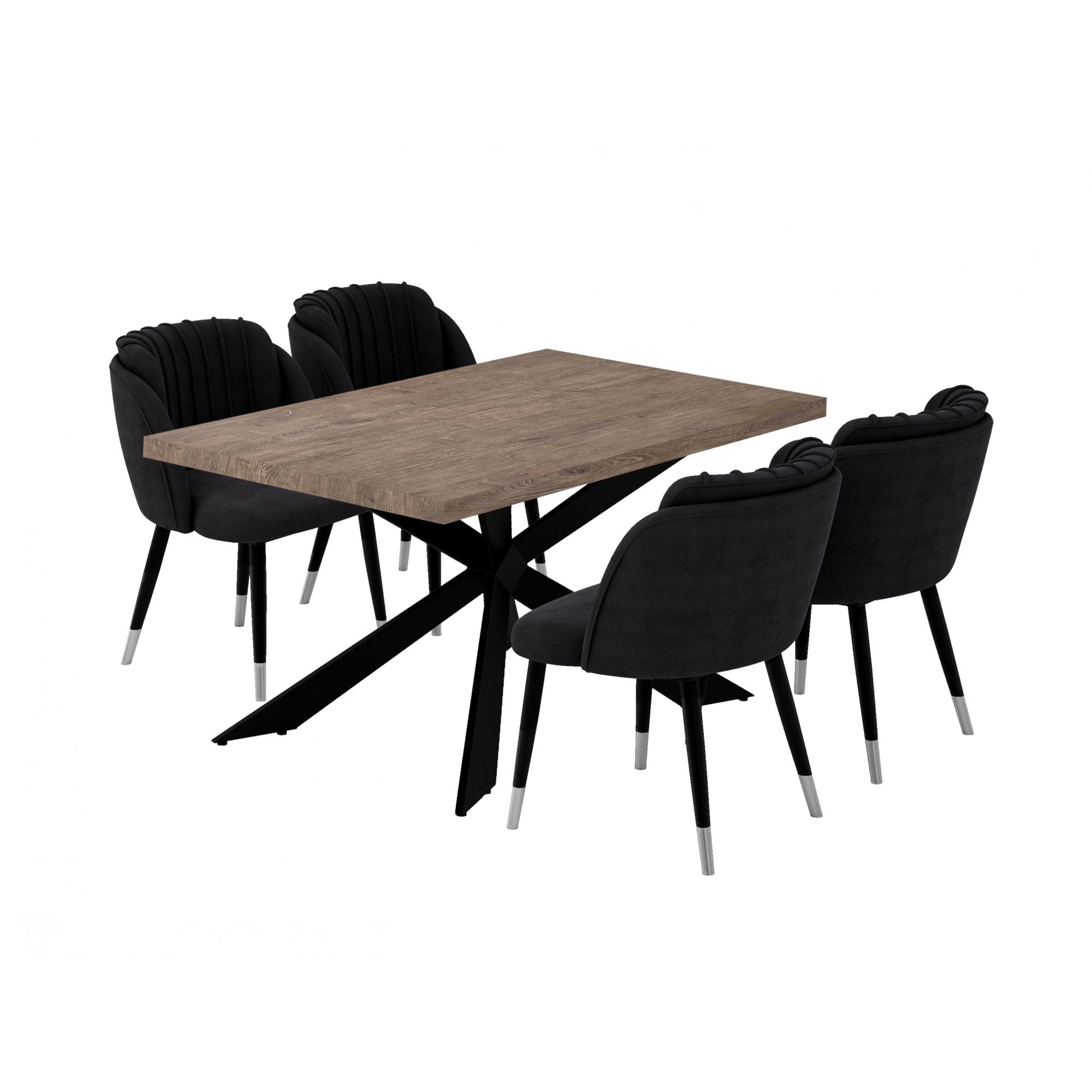 Milano Duke LUX Dining Set | a Walnut Dining Table & 4 Velvet Dining Chairs with Silver End Caps