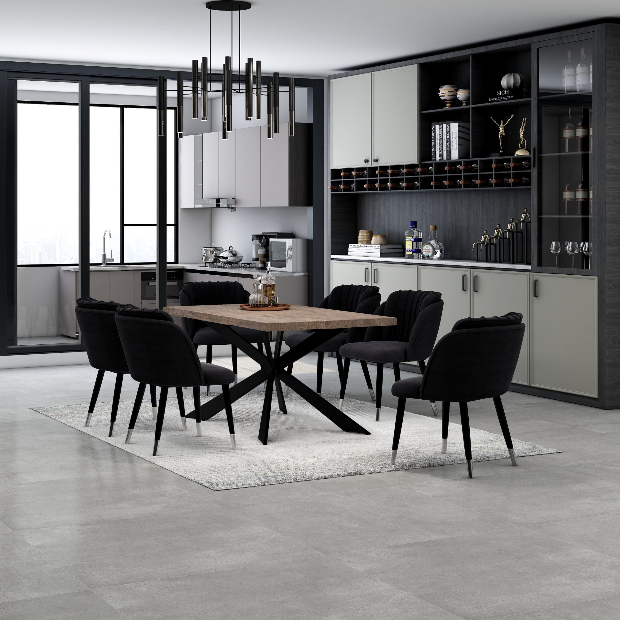 Milano Duke LUX Dining Set | a Walnut Dining Table & 4 Velvet Dining Chairs with Silver End Caps