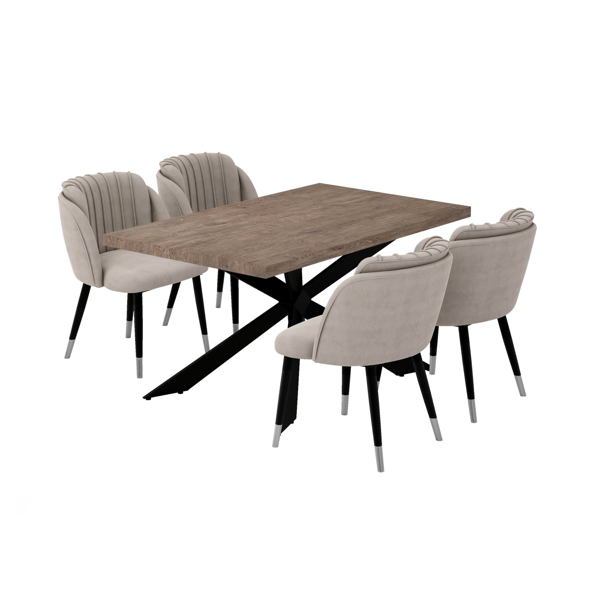 Milano Duke LUX Dining Set | a Walnut Dining Table & 4 Velvet Dining Chairs with Silver End Caps
