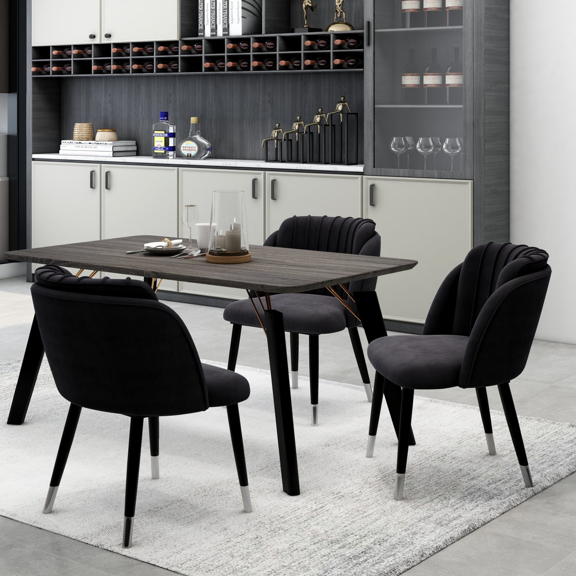 Milano Cosmo LUX Dining Set | a Black Dining Table & 4 Dining Chairs with Silver End Caps