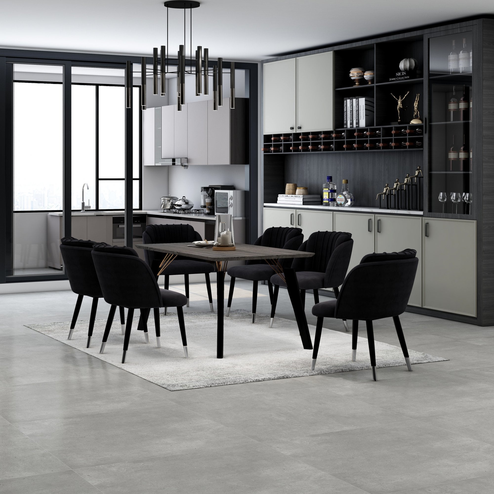 Milano Cosmo LUX Dining Set | a Black Dining Table & 6 Dining Chairs with Silver End Caps