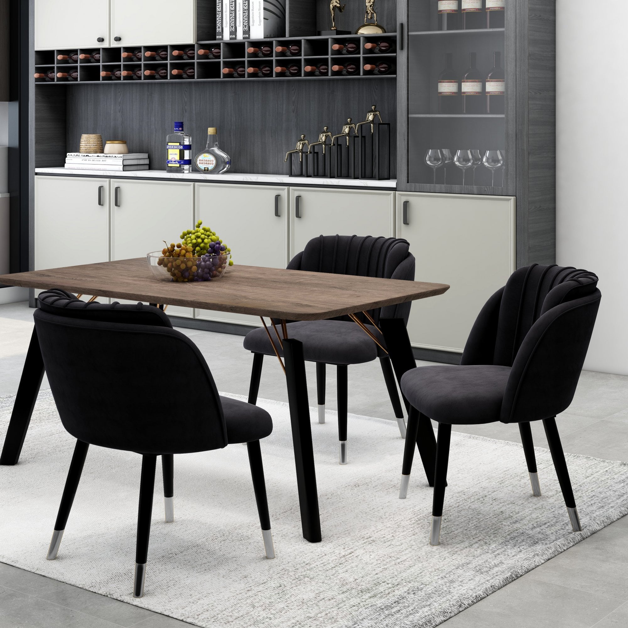 Milano Cosmo LUX Dining Set | a Walnut Dining Table & 4 Dining Chairs with Silver End Caps