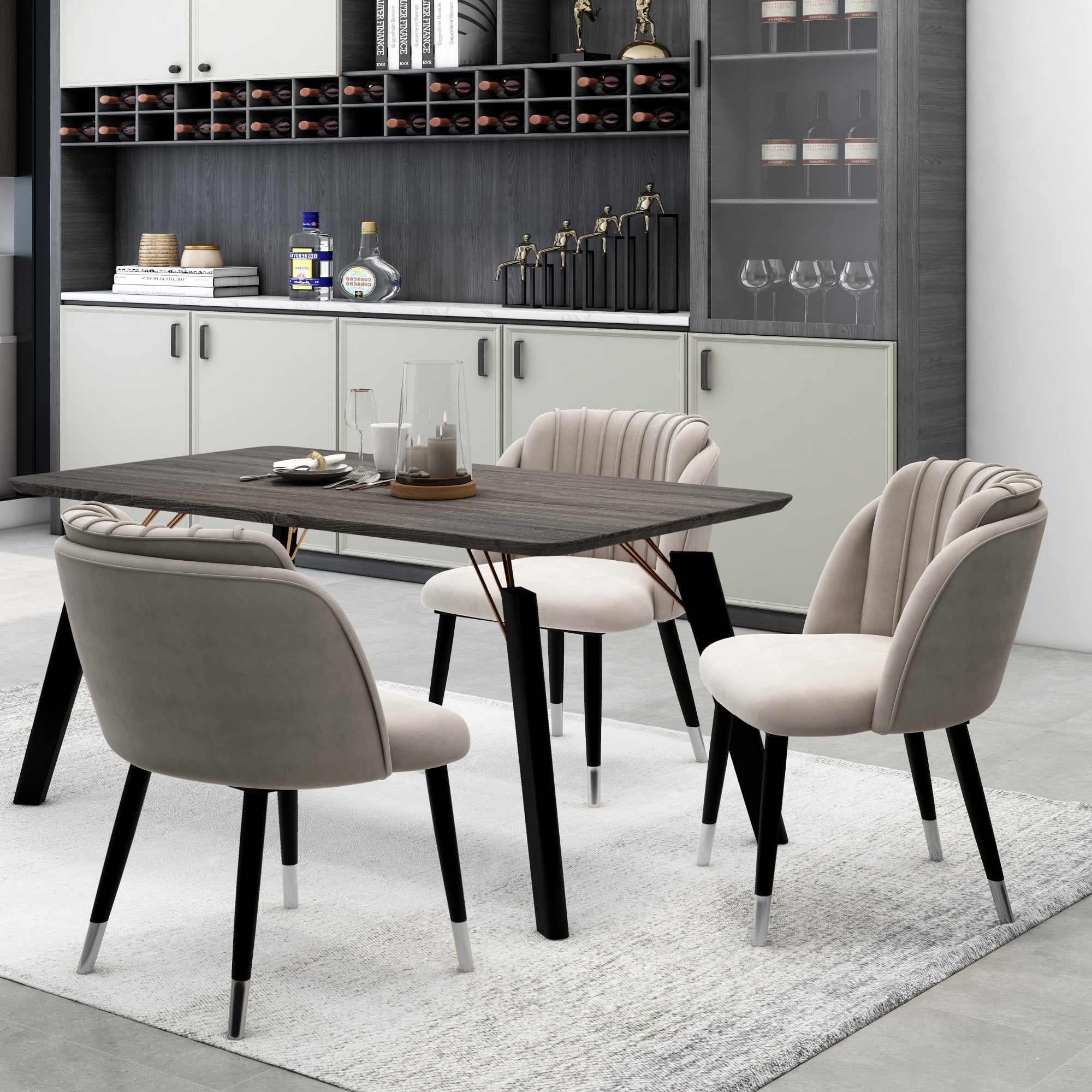 Milano Cosmo LUX Dining Set | a Walnut Dining Table & 4 Dining Chairs with Silver End Caps