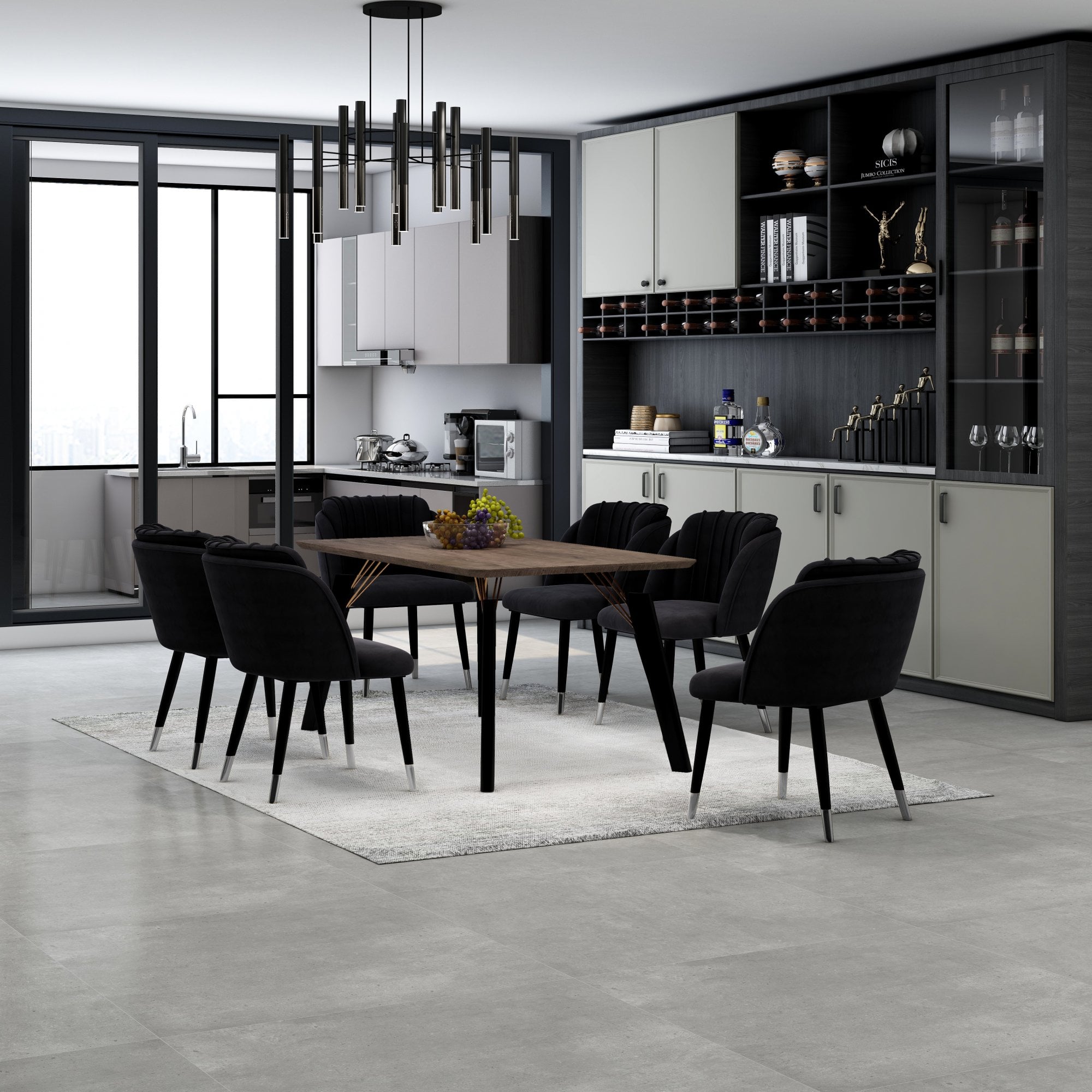 Milano Cosmo LUX Dining Set | a Walnut Dining Table & 6 Dining Chairs with Silver End Caps