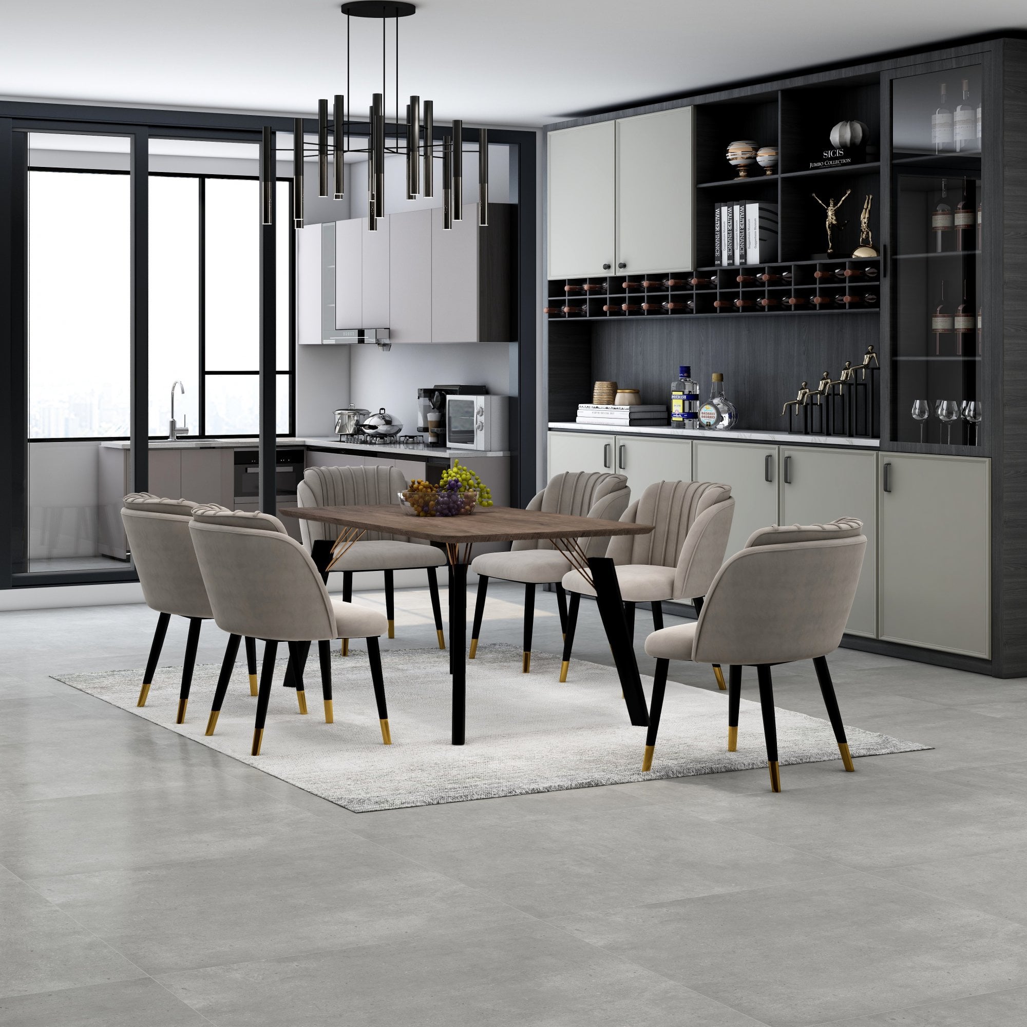 Milano Cosmo LUX Dining Set | a Walnut Dining Table & 6 Dining Chairs with Silver End Caps