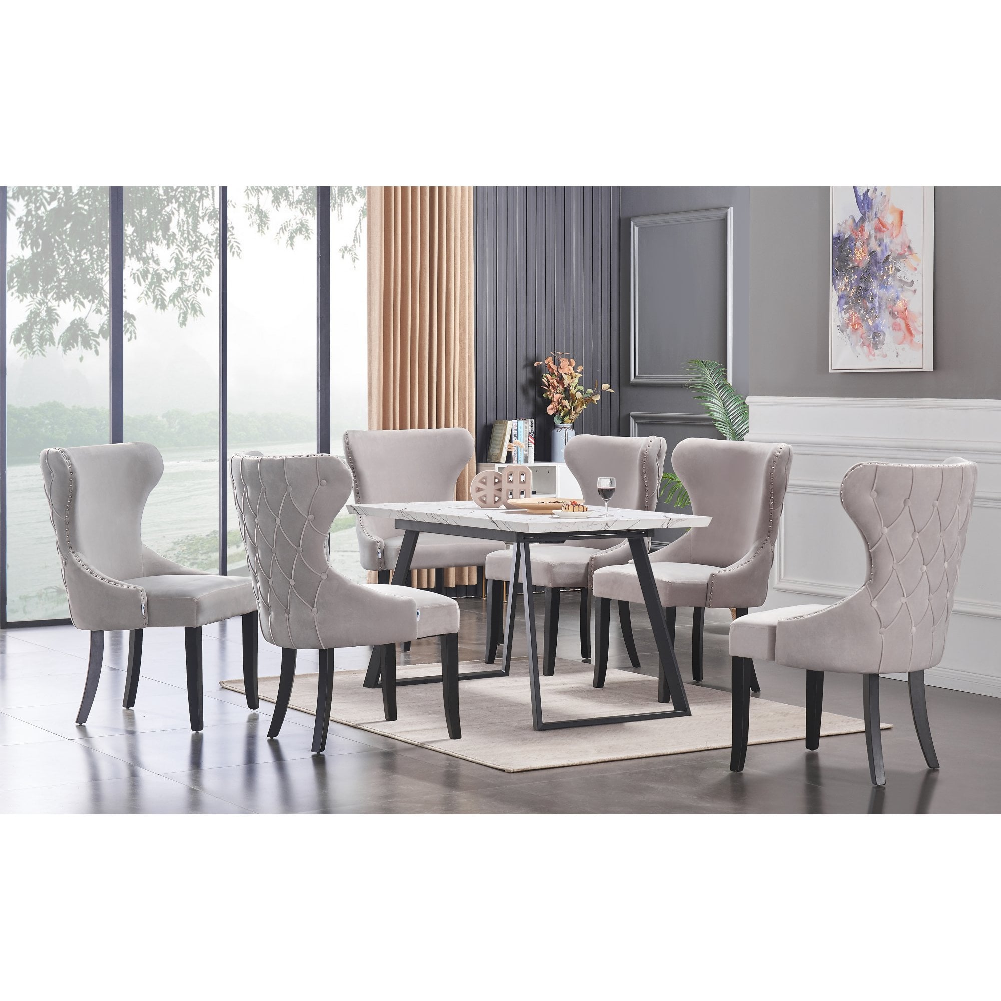 Toga Mayfair LUX Dining Table Set - Toga Extendable White Dining Table w/ a Set of 6 Mayfair LUX Velvet Dining Chairs