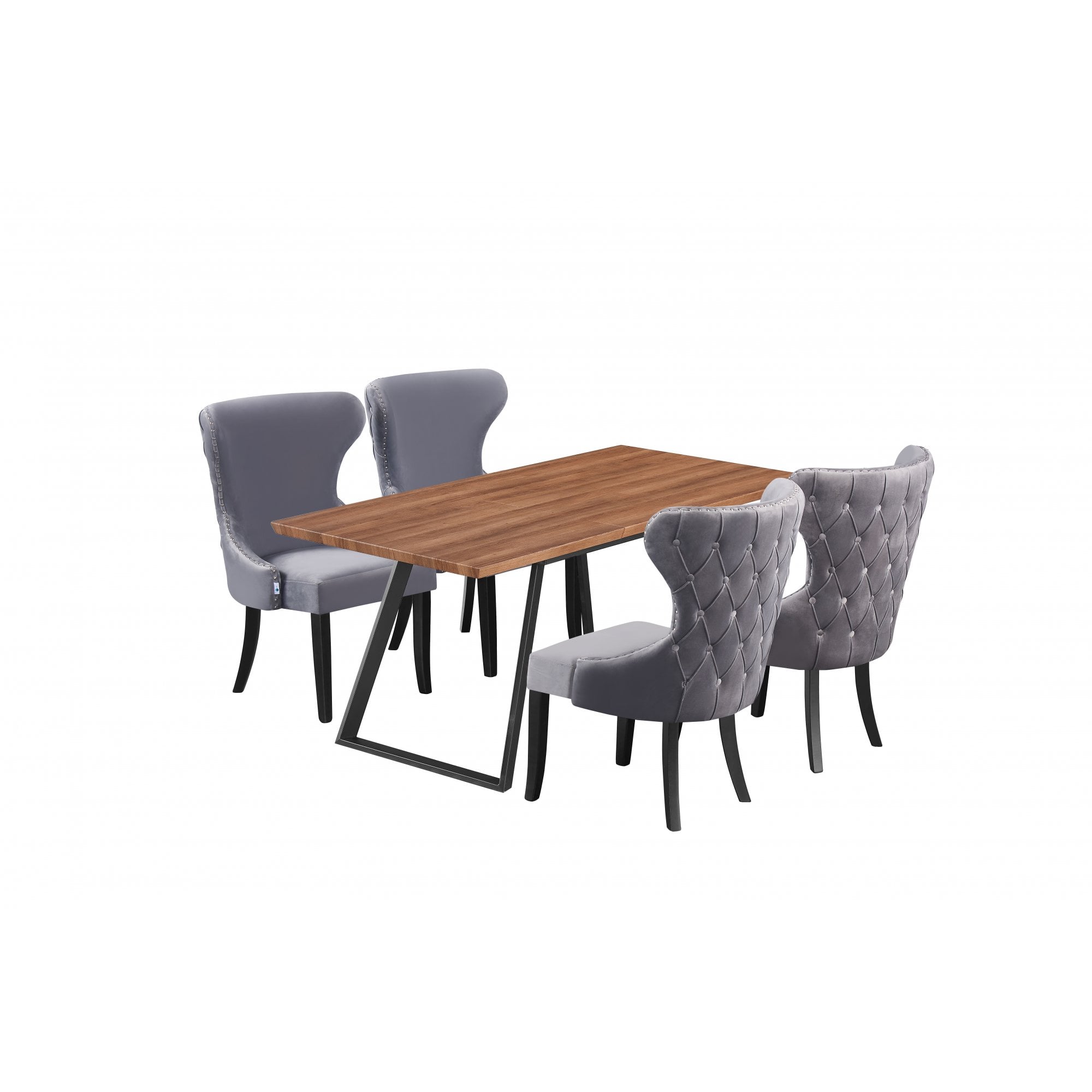 Toga Mayfair LUX Dining Set - Toga Extendable Walnut Dining Table w/ a Set of 4 Mayfair LUX Velvet Dining Chairs