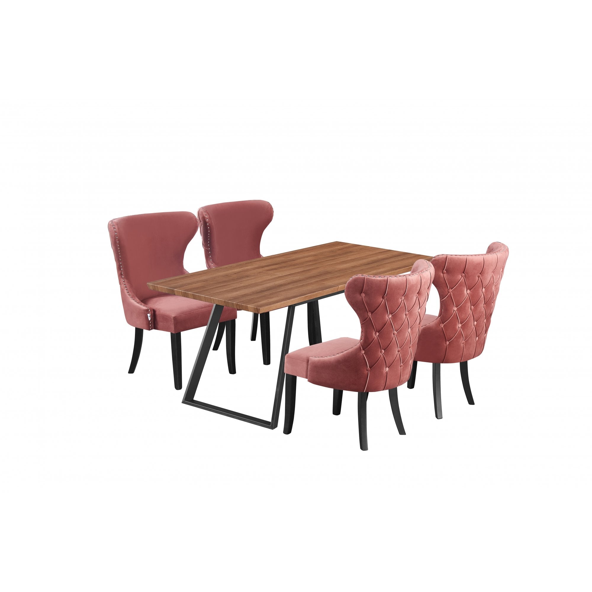 Toga Mayfair LUX Dining Set - Toga Extendable Walnut Dining Table w/ a Set of 4 Mayfair LUX Velvet Dining Chairs